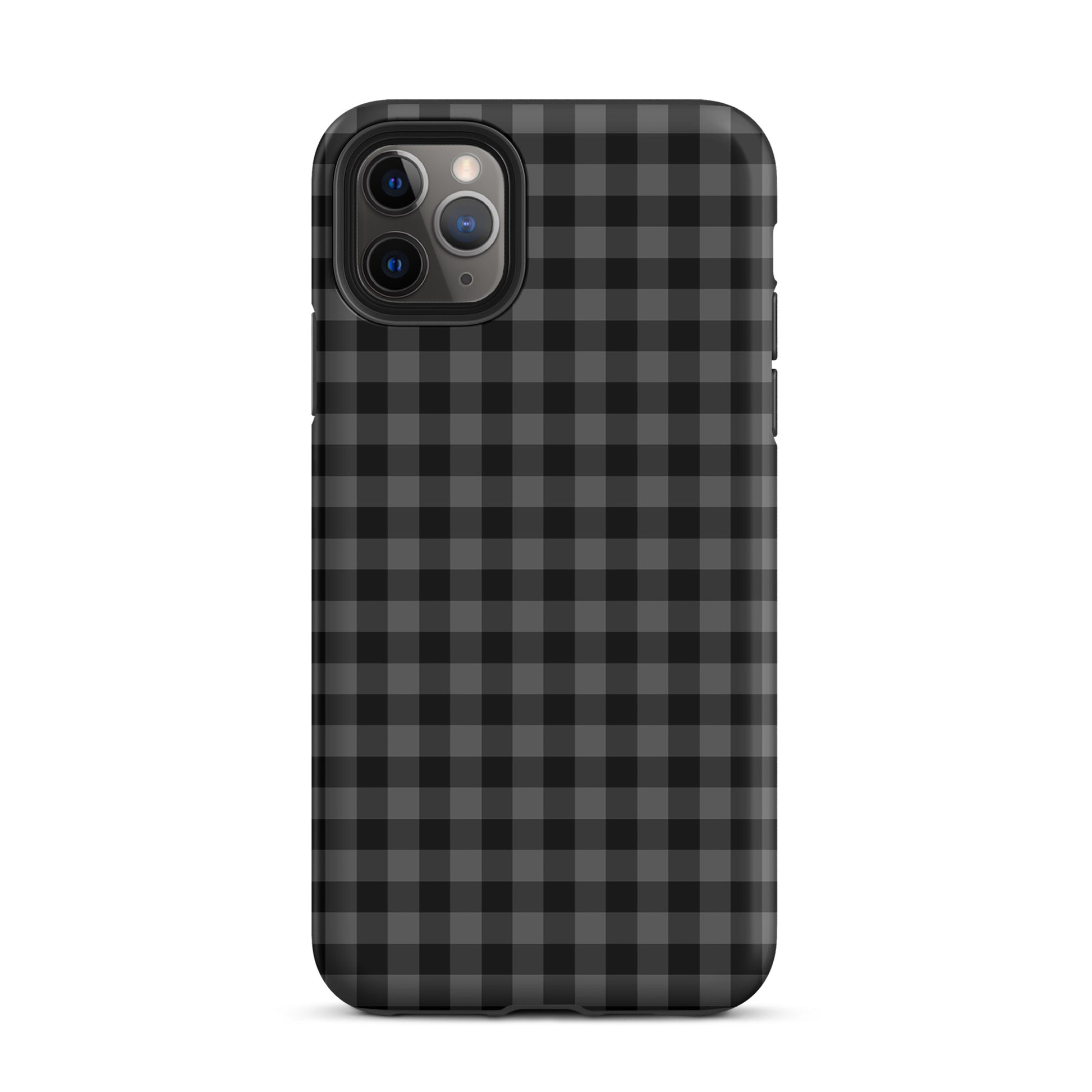 Phone Case with modern black-and-charcoal gingham pattern offers style and protection for iPhone.