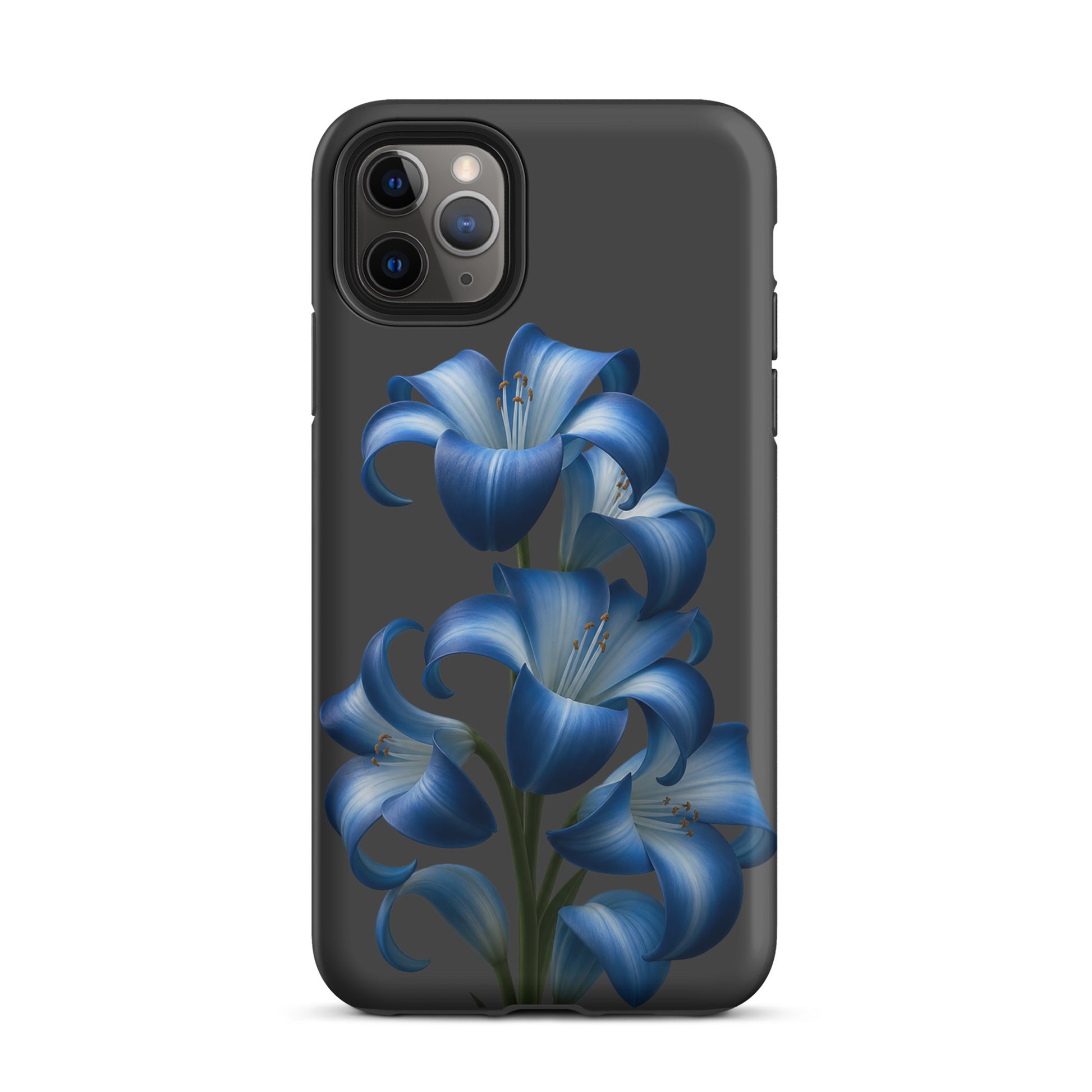Phone Case for iPhone featuring blue lily bloom art on a tough dark backdrop