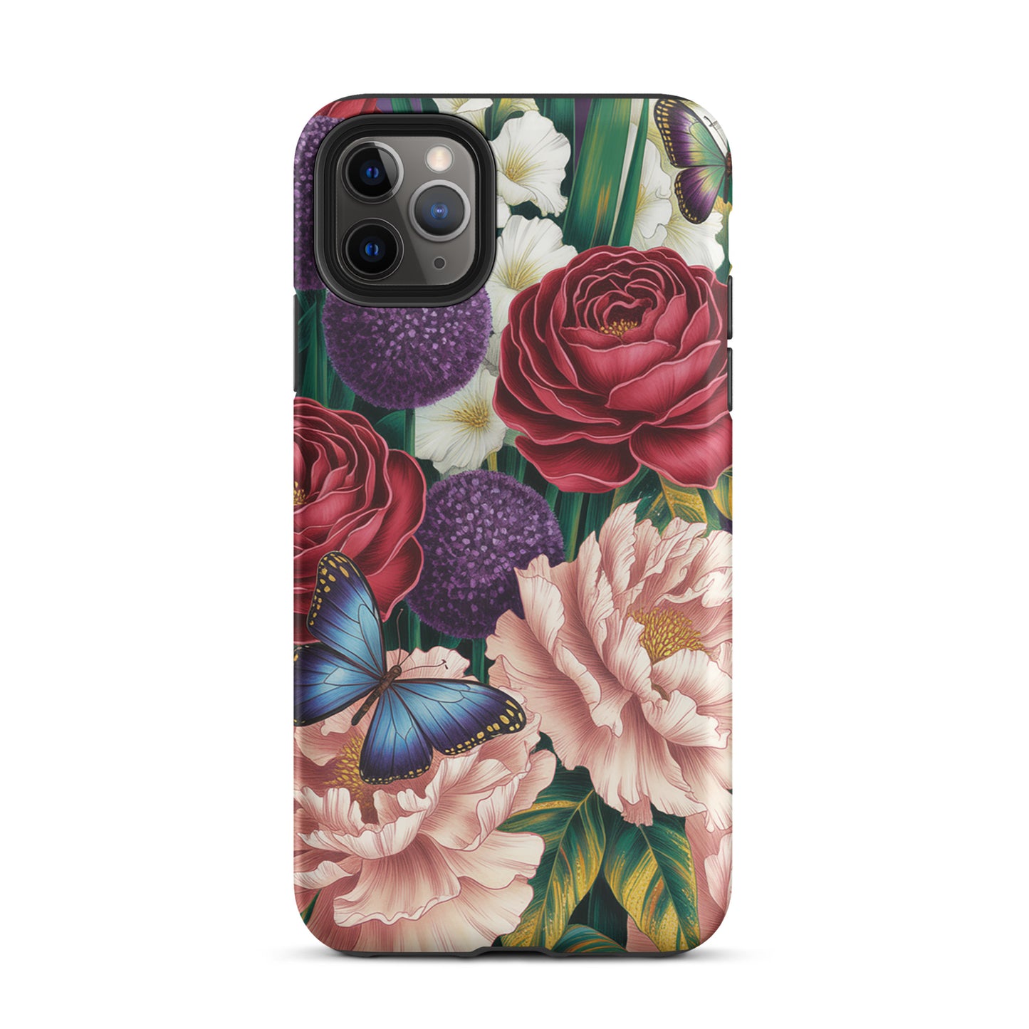 Phone Case for iPhone featuring botanical garden design with roses, peonies, alliums, and butterflies.