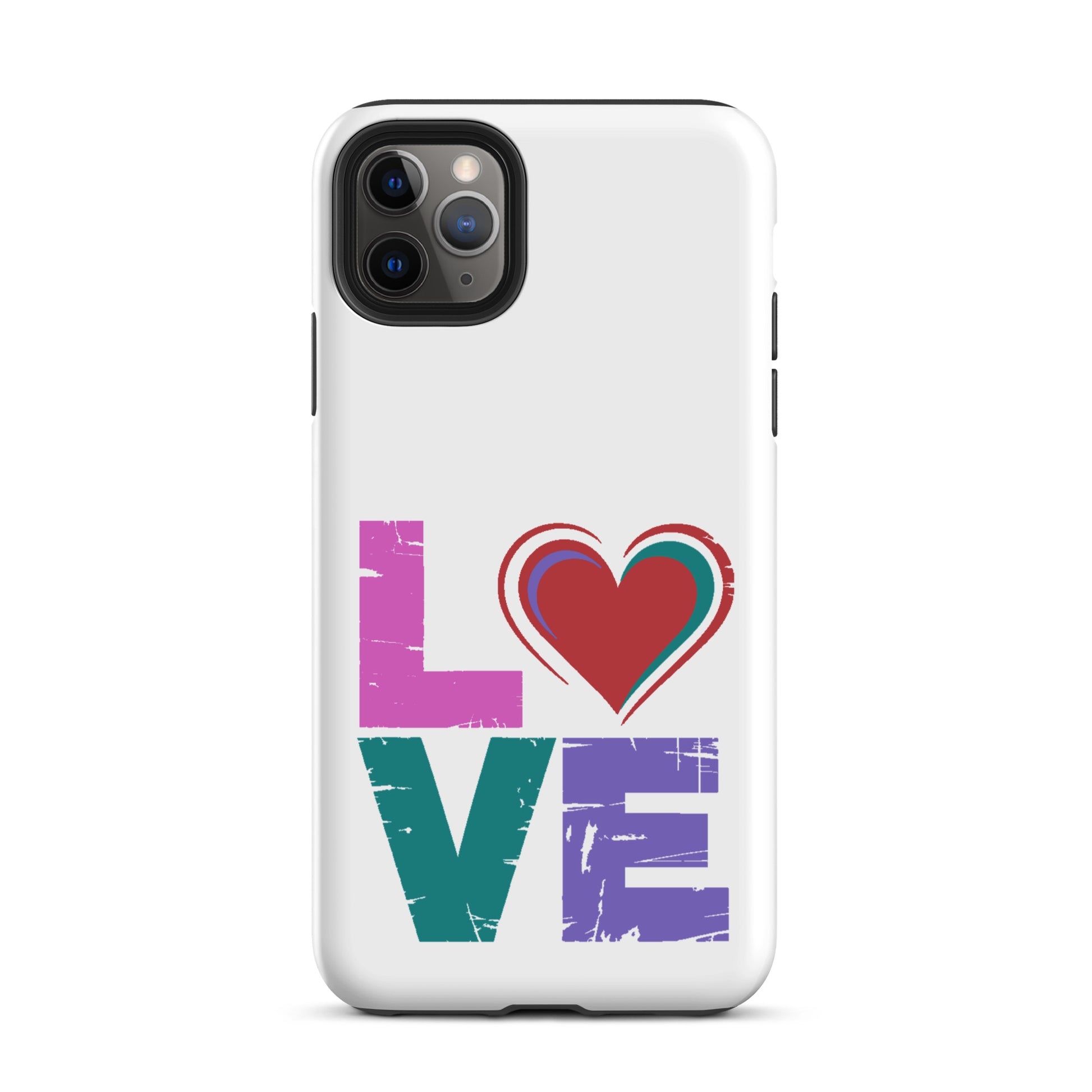 Love Dual Layer Tough Case for iPhones with colorful heart design.