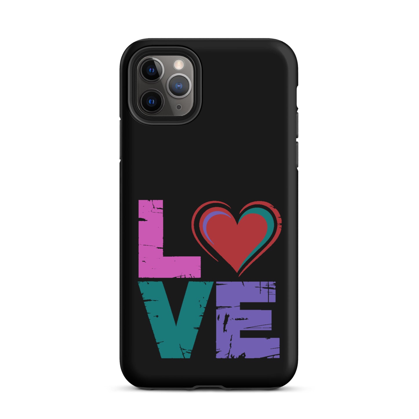 Love Dual Layer Tough Case for iPhones with colorful love design and heart-shaped 'O' on black background.