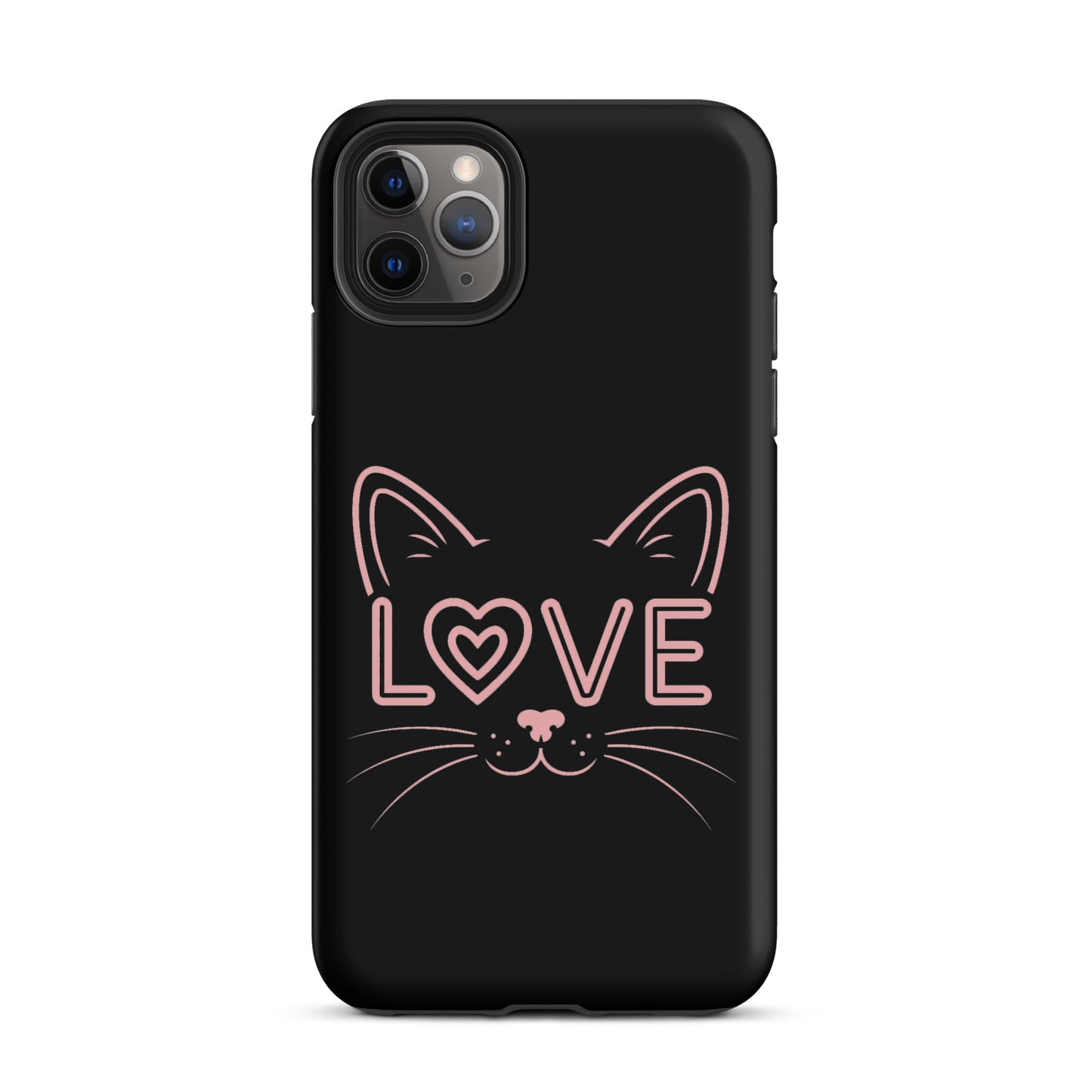 Cat Love phone case for iPhone with minimalist cat face design and 'love' accented in pink.
