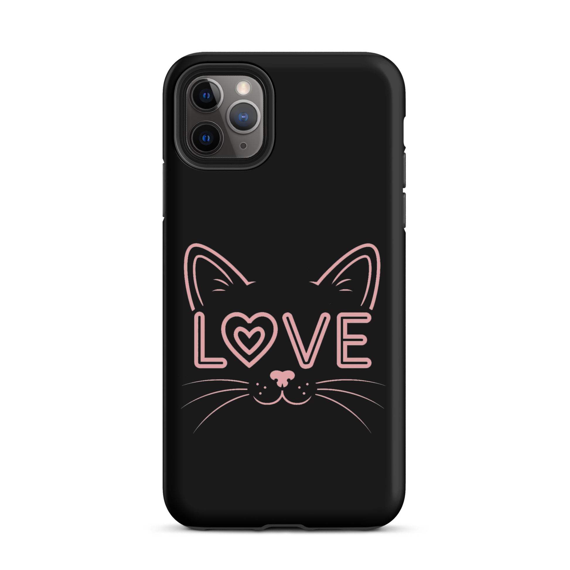 Cat Love phone case for iPhone with minimalist cat face design and 'love' accented in pink.