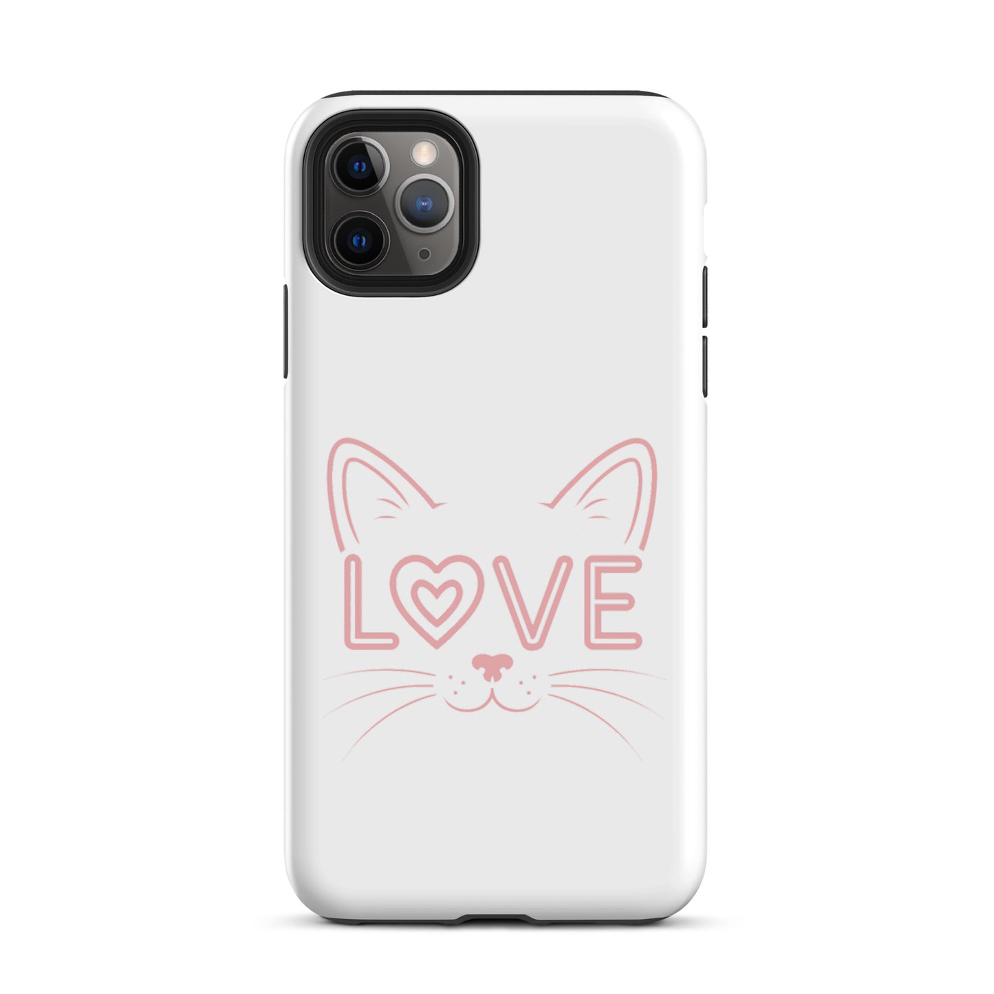 iPhone case with "Cat Love" design featuring minimalist cat face and love word art