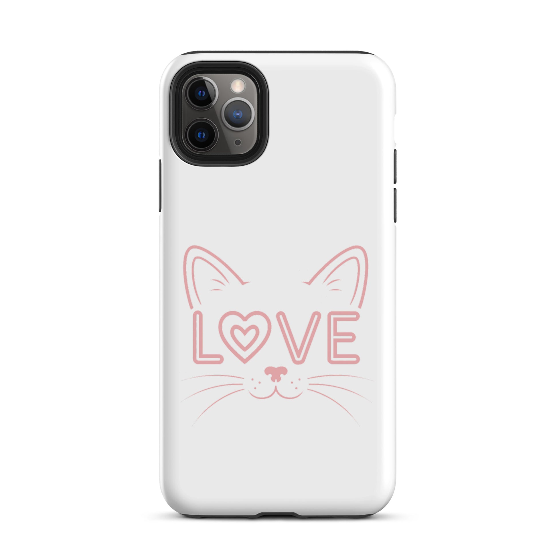 iPhone case with "Cat Love" design featuring minimalist cat face and love word art