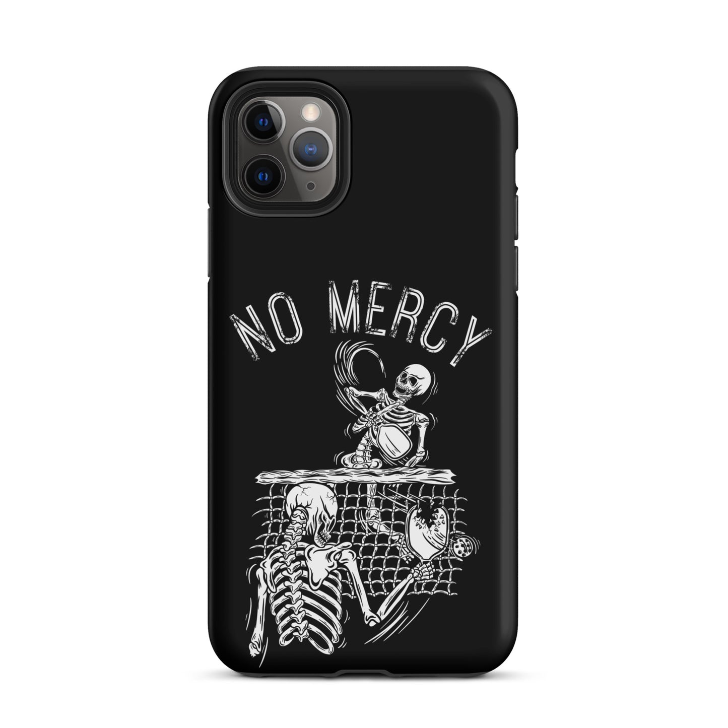 Pickleball iPhone case with "No Mercy" skeleton design, perfect for players who want stylish protection on and off the court.