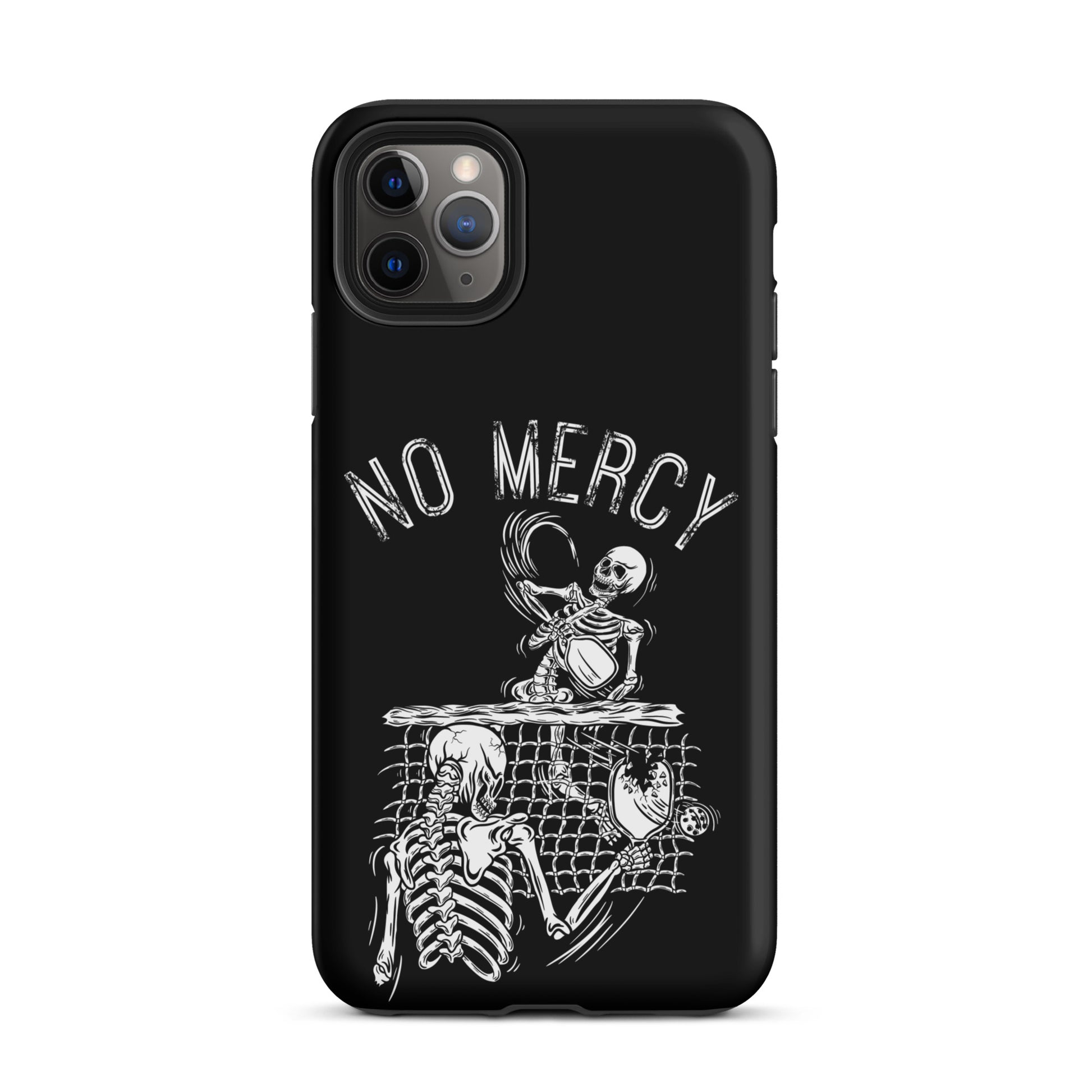 Pickleball iPhone case with "No Mercy" skeleton design, perfect for players who want stylish protection on and off the court.