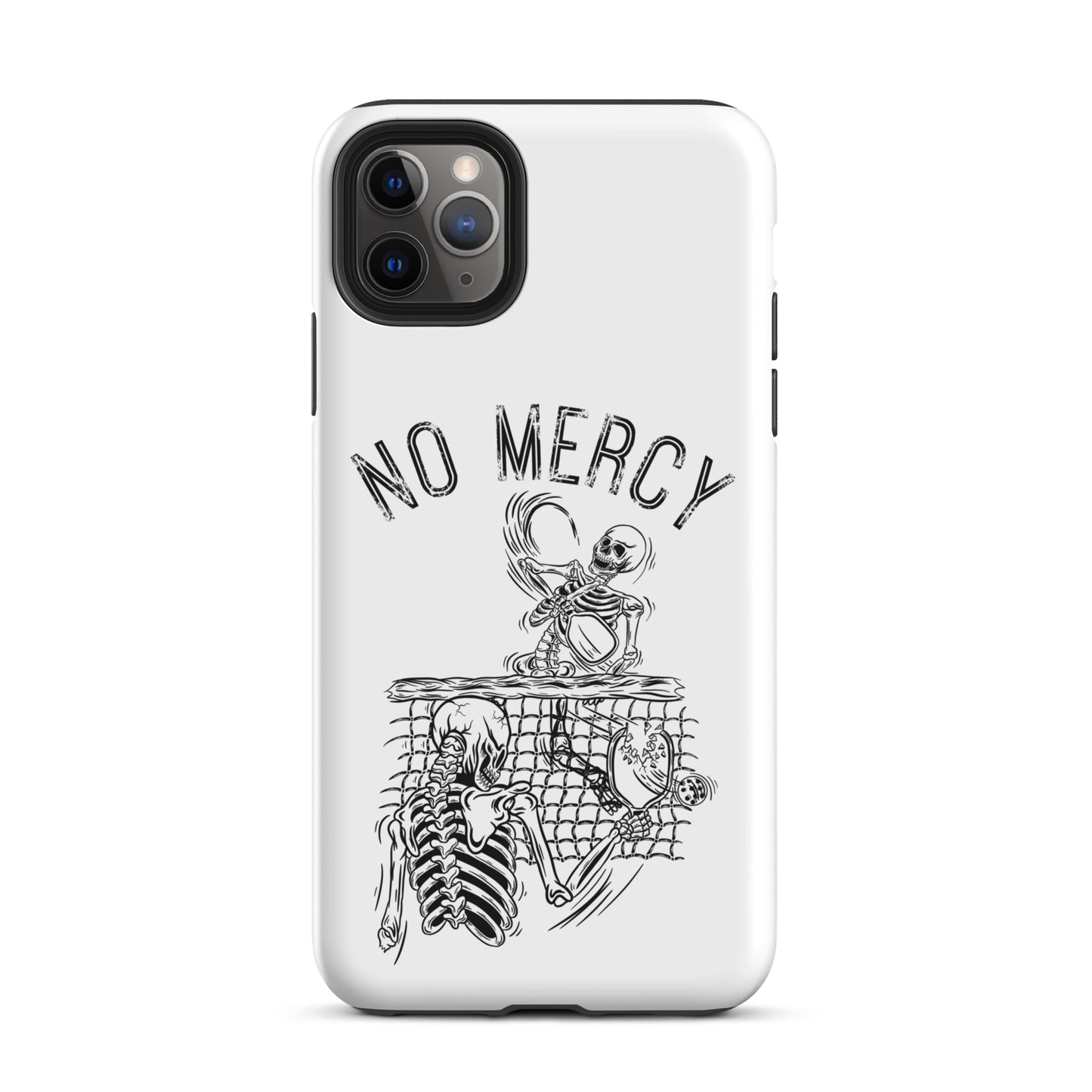 Pickleball iPhone case with 'No Mercy' skeleton design for intense court players.