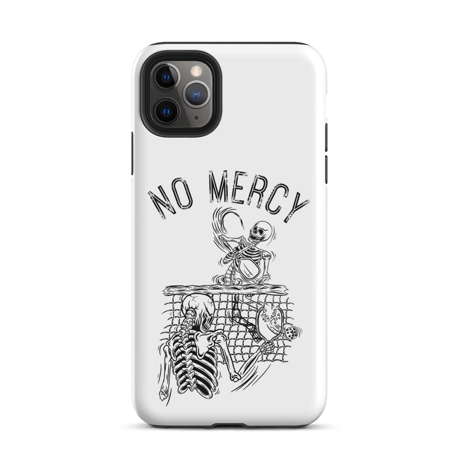 Pickleball iPhone case with 'No Mercy' skeleton design for intense court players.