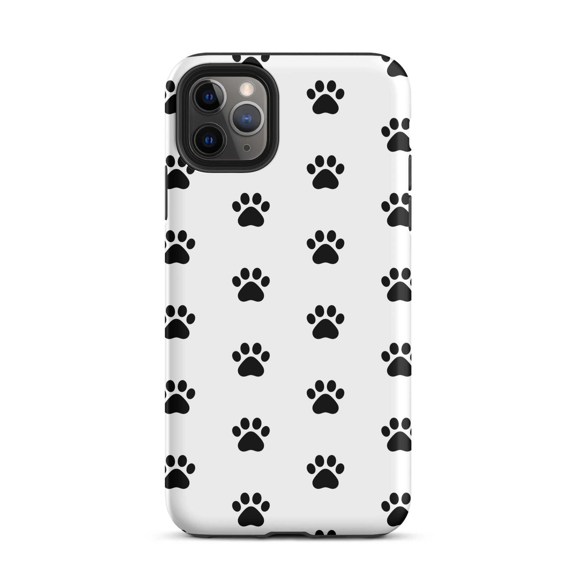 Phone Case for iPhone with stylish paw print design for pet lovers, featuring minimalist black paw icons against a white background.