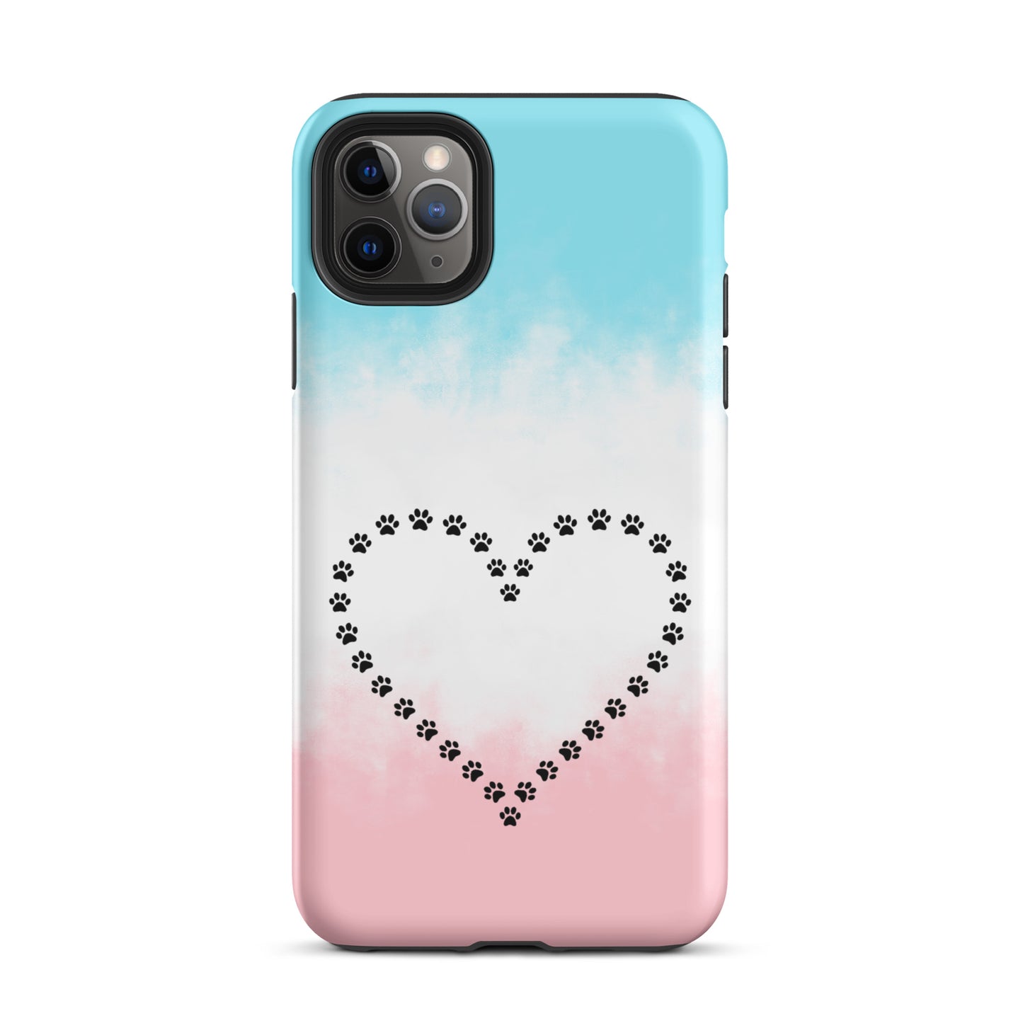 Phone Case for iPhone with cute paw print heart design for pet lovers, featuring black paw prints on a pastel gradient background.