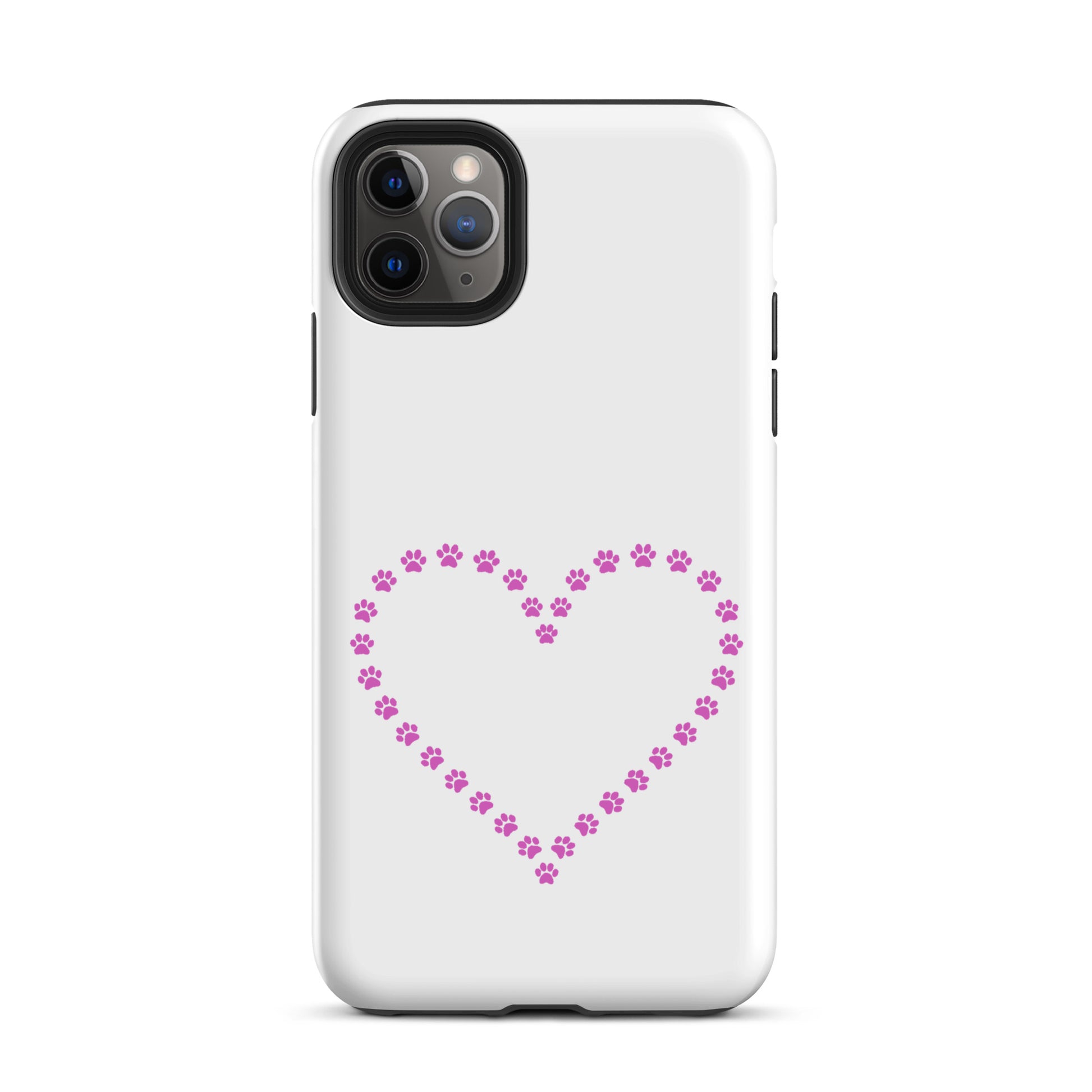 Phone Case with pink paw print heart design, perfect for pet lovers seeking both style and durability for their iPhone.