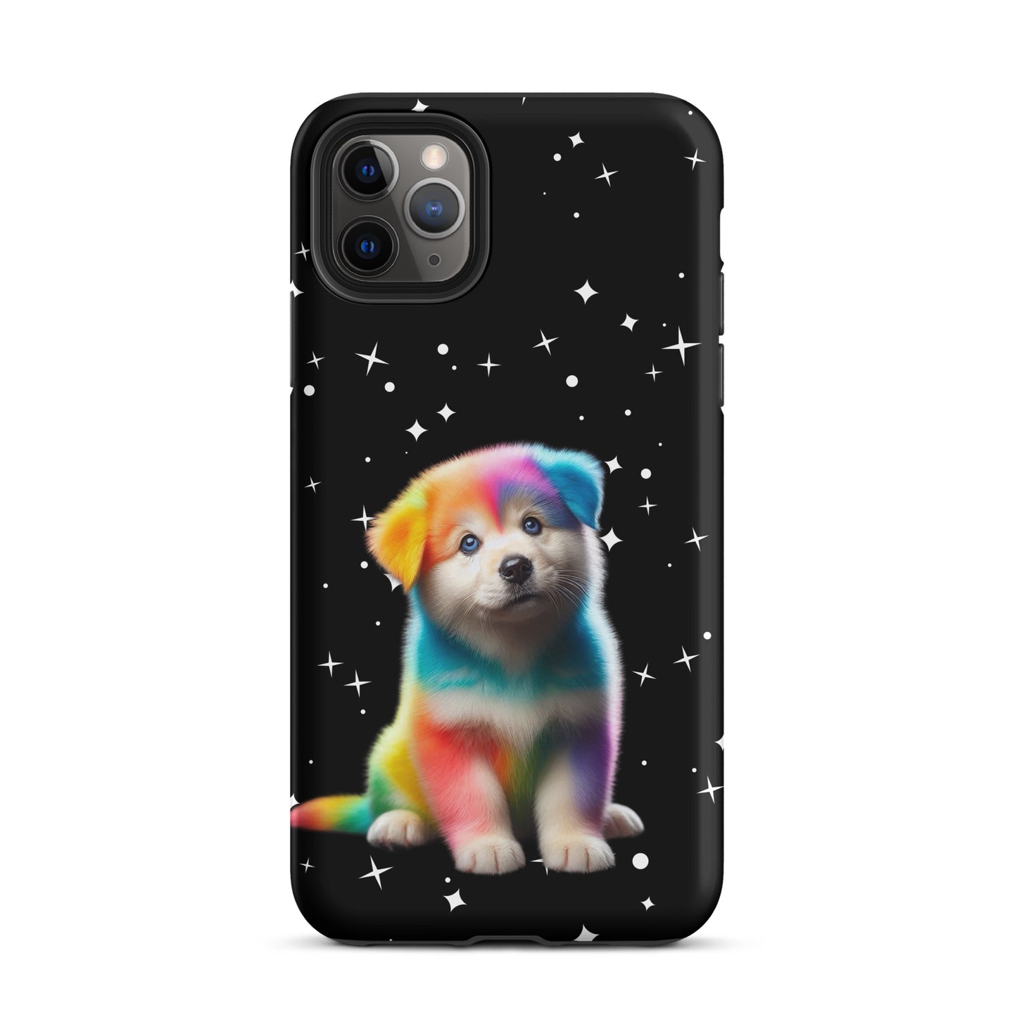 Phone Case with rainbow puppy and starry night design, vibrant accessory for iPhone. Bold colors and cosmic sparkle protection.