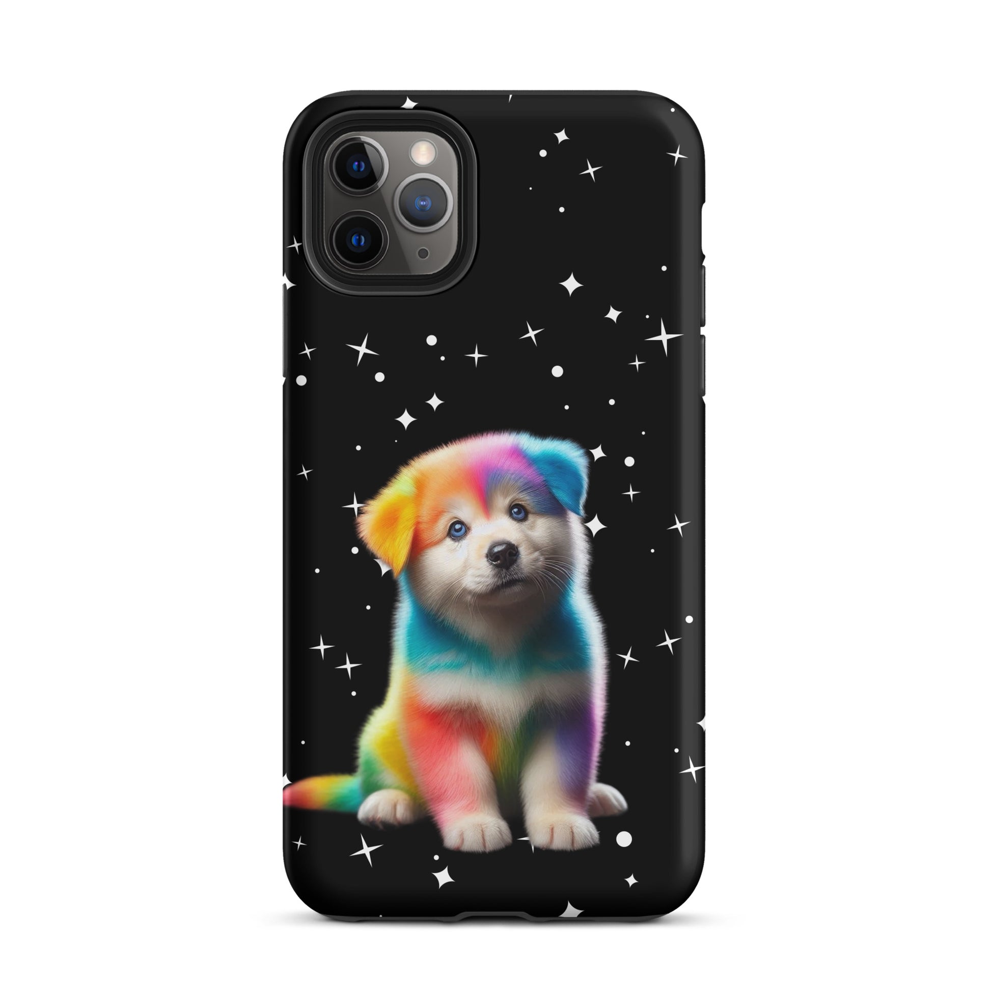 Phone Case with rainbow puppy and starry night design, vibrant accessory for iPhone. Bold colors and cosmic sparkle protection.