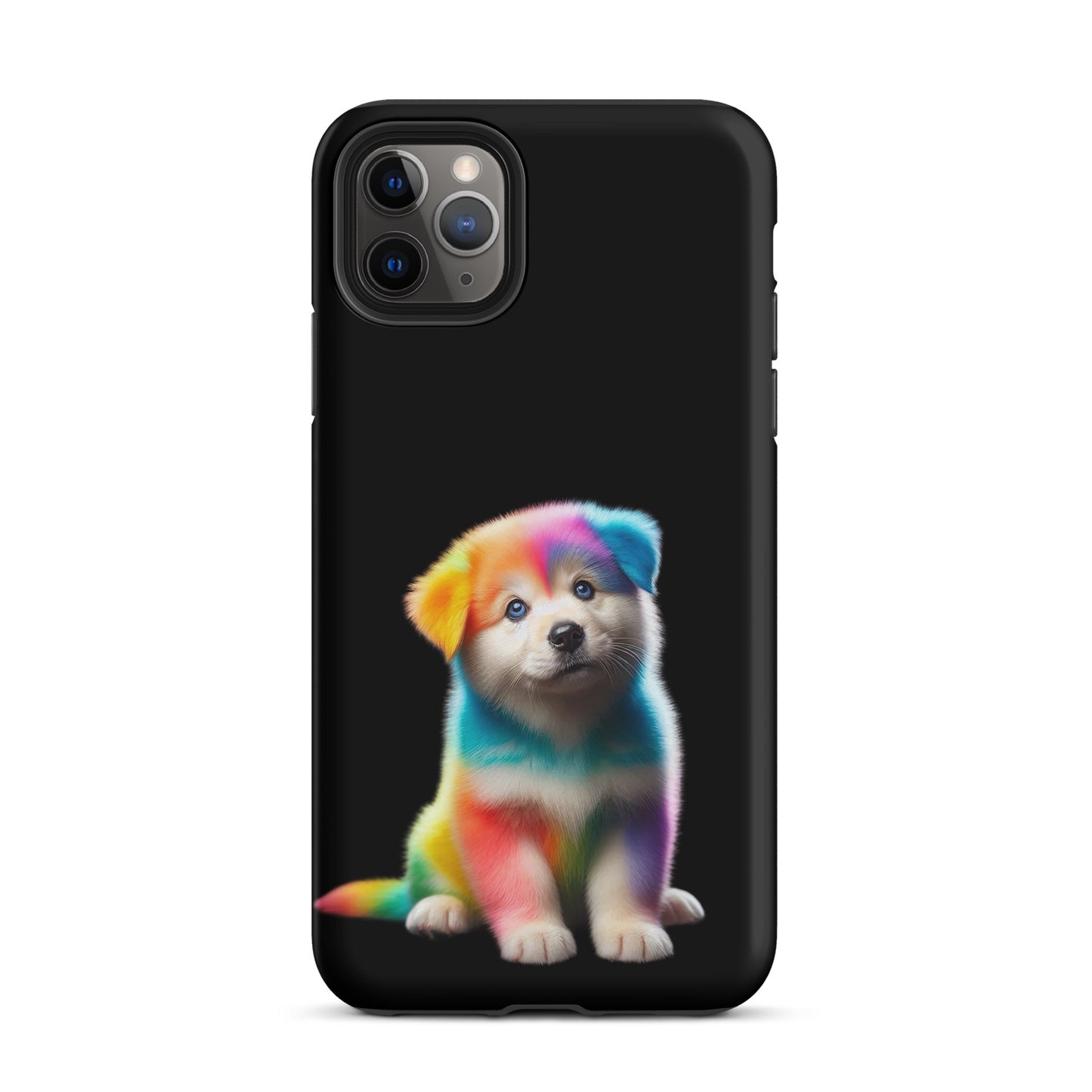 Phone Case with rainbow puppy design on iPhone, cosmic night sky background