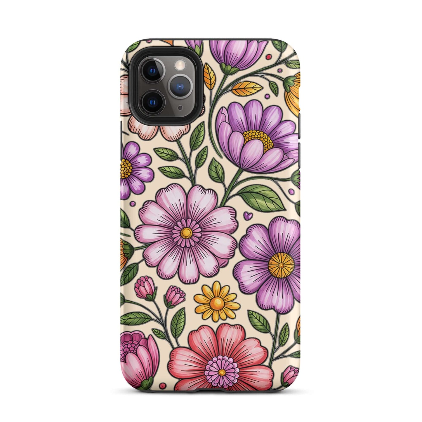 Phone Case with pastel floral design for iPhone, featuring soft pink, peach, lavender, and yellow flowers on a durable background.