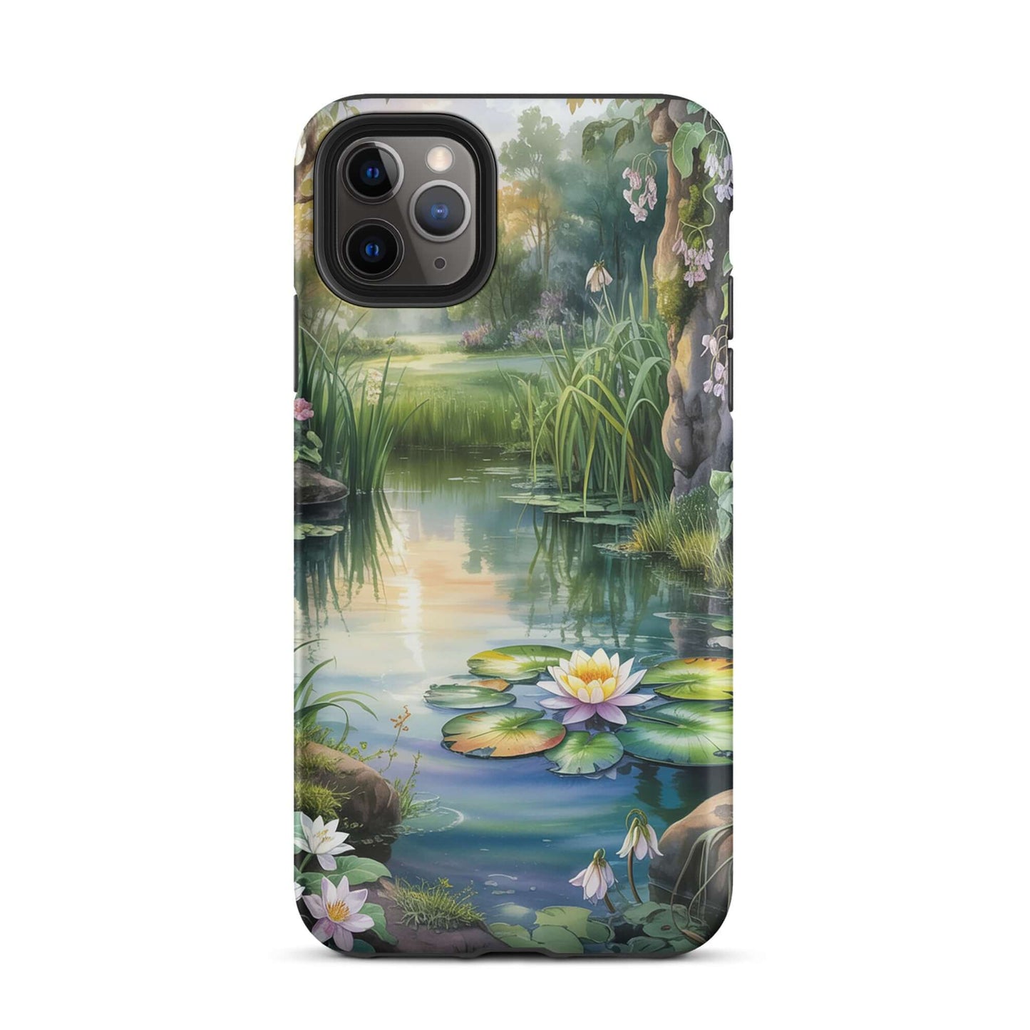 Phone Case for iPhone with enchanted pond design featuring water lilies and lush greenery, ideal for nature lovers.