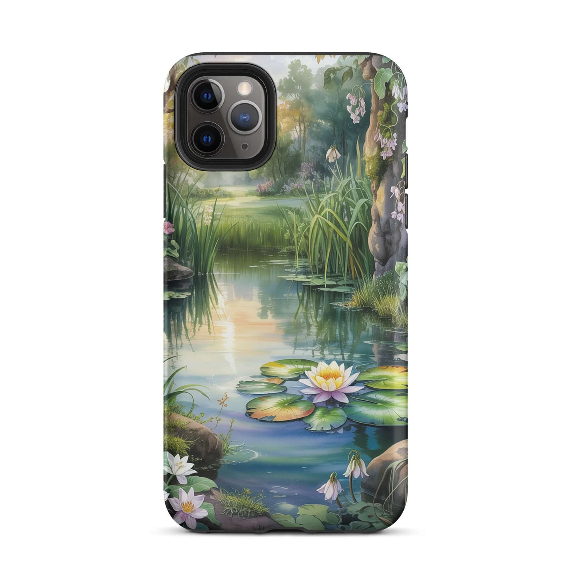 Phone Case for iPhone with enchanted pond design featuring water lilies and lush greenery, ideal for nature lovers.
