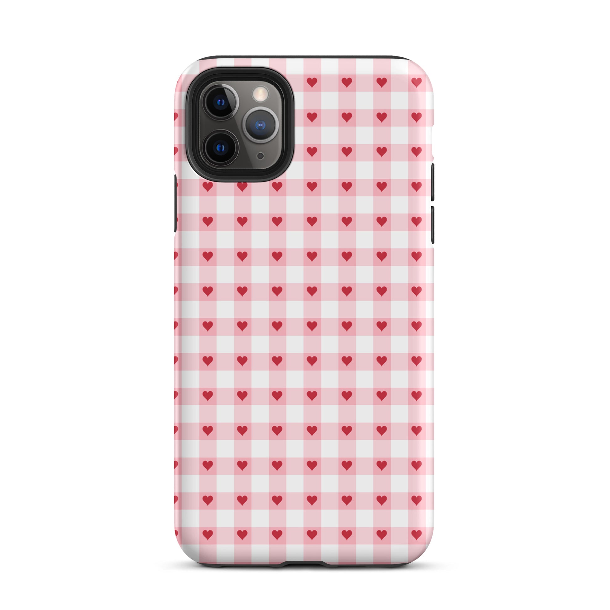 Phone Case for iPhone with pink-and-white gingham pattern and red hearts, stylish and durable accessory.