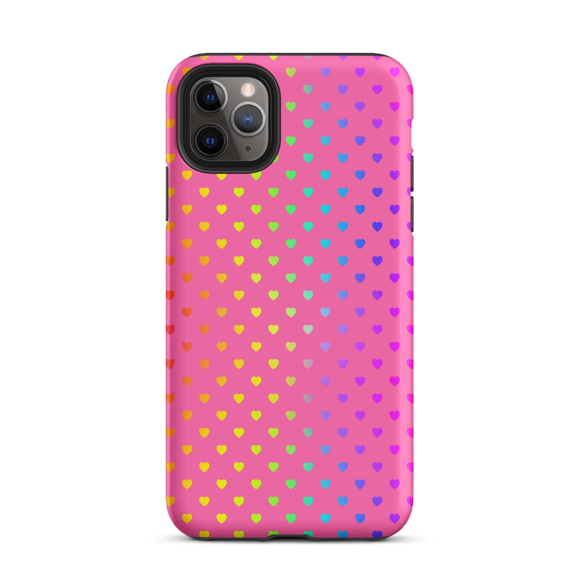 Phone Case for iPhone with cute rainbow hearts design on pink backdrop, dual-layer protection, colorful and cheerful accessory