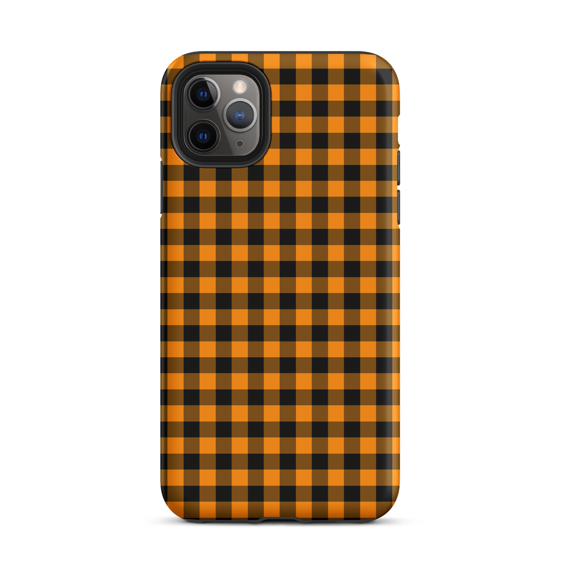 Black-and-orange gingham iPhone phone case with autumn theme pattern for stylish and durable protection.