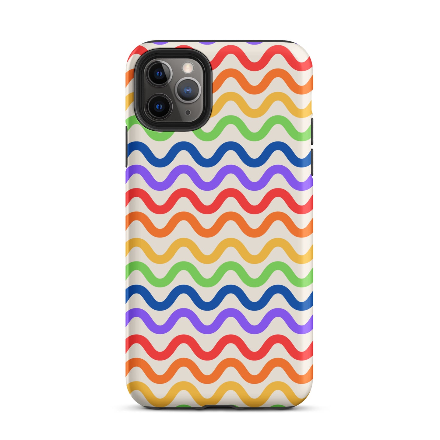 Phone Case for iPhone with wavy rainbow groove pattern in vibrant colors on a soft white background.