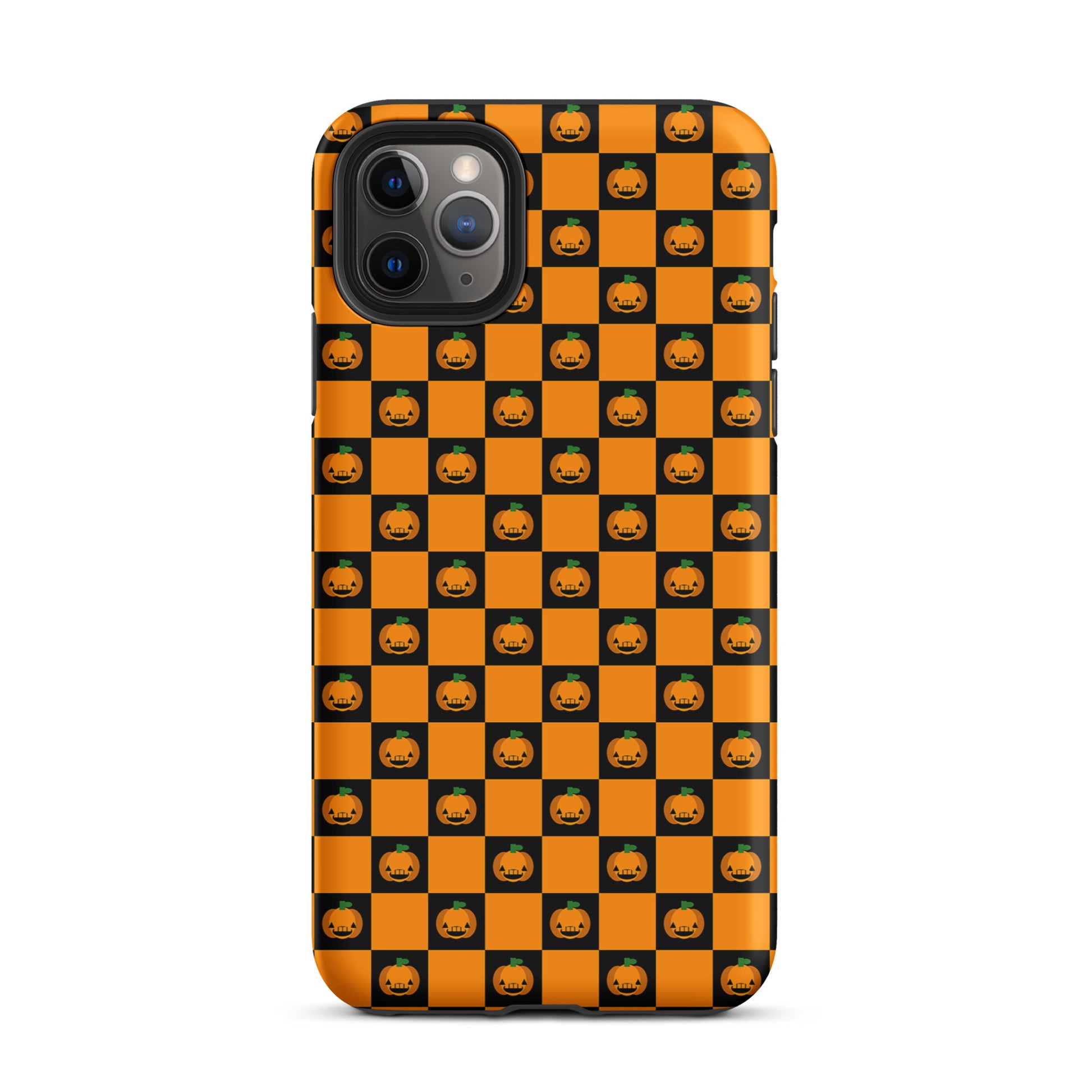 Phone Case for iPhone with playful pumpkin checkered Halloween design featuring orange and black squares and jack-o-lanterns.