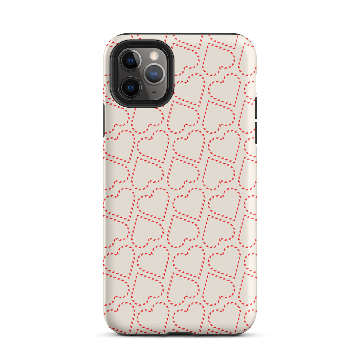 Phone Case for iPhone with candy cane heart pattern, festive red and white design for holiday season.