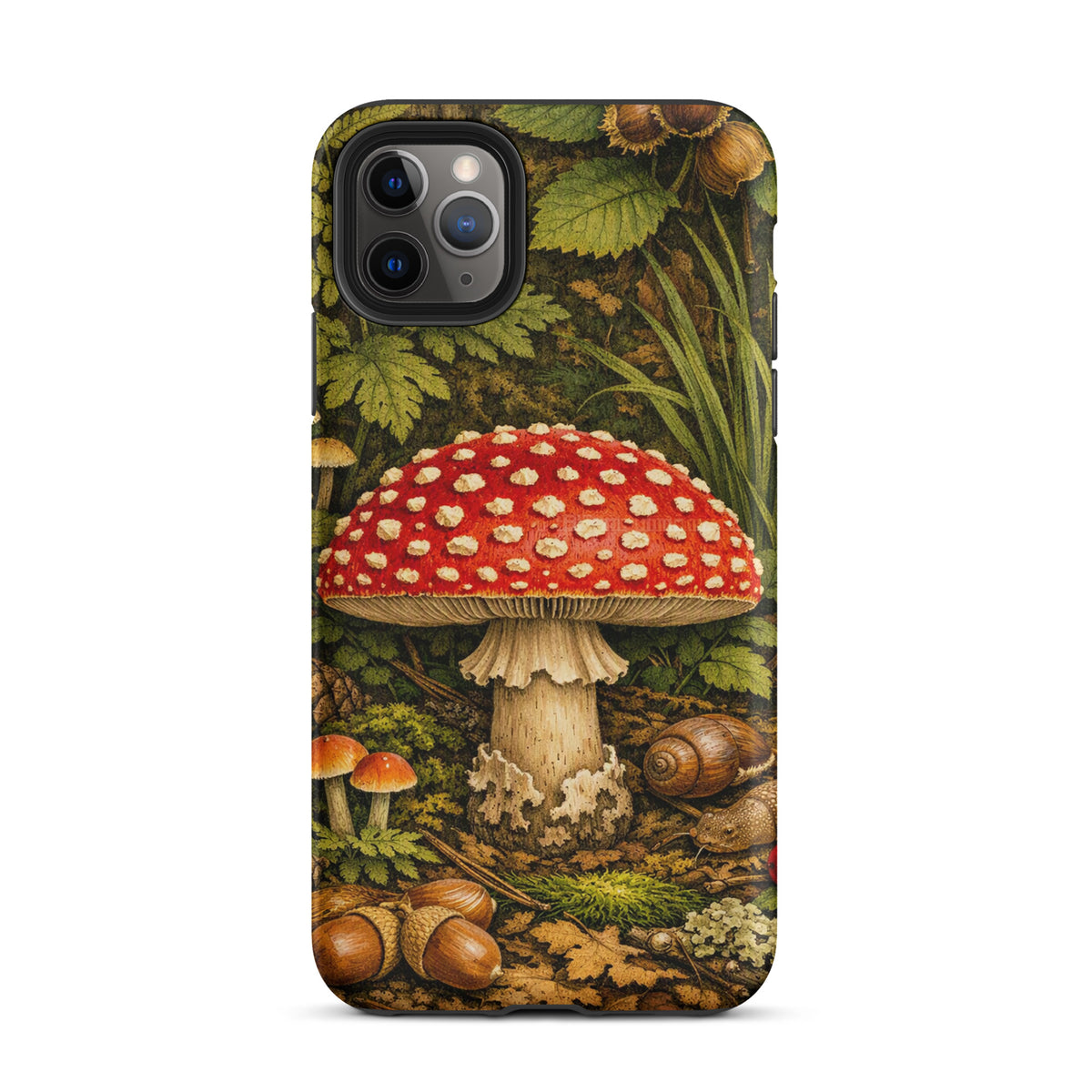 Phone Case with Amanita muscaria mushroom design in a lush forest setting for iPhone.