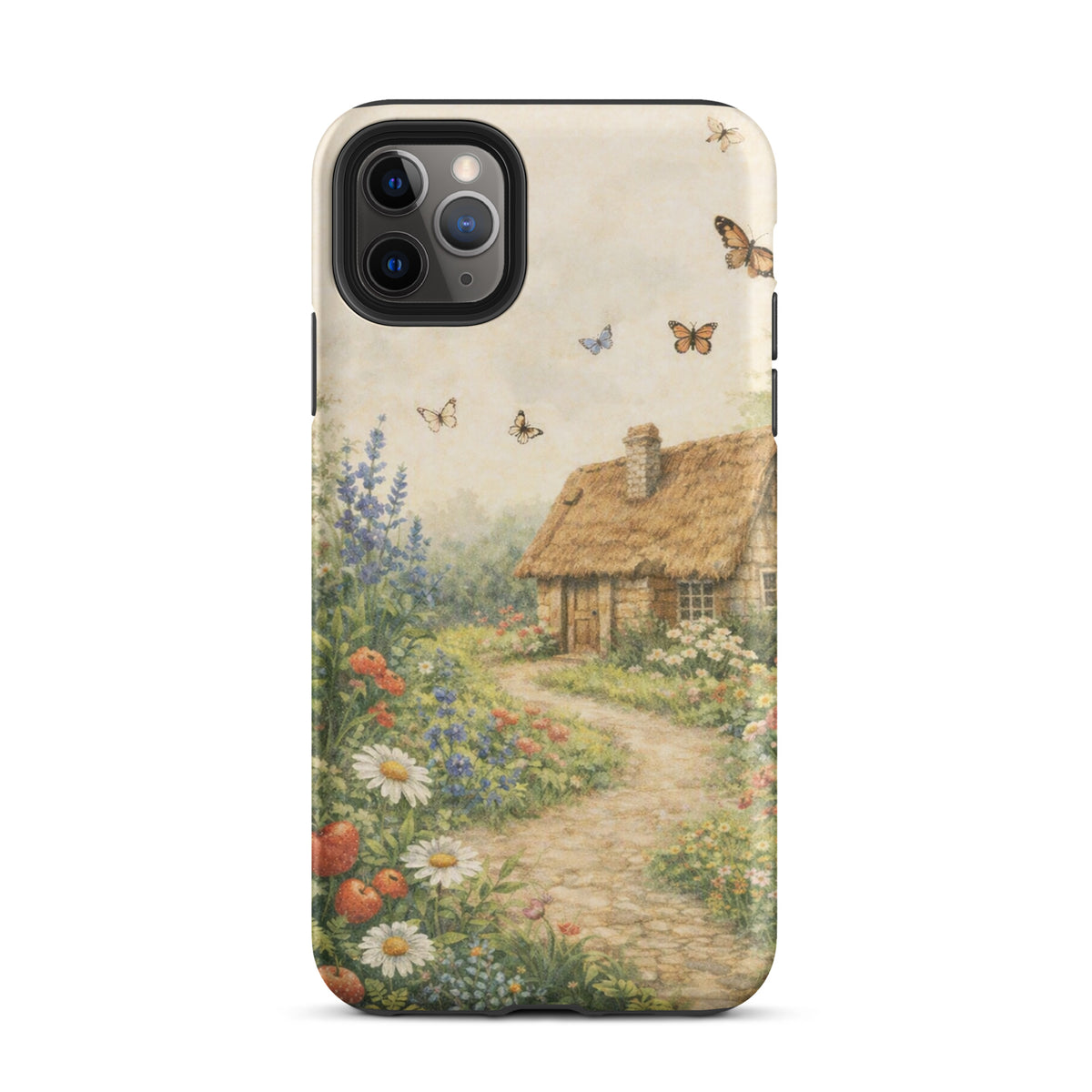 Phone Case for iPhone featuring a quaint cottage and vibrant garden design on a cream background, perfect for nature lovers.