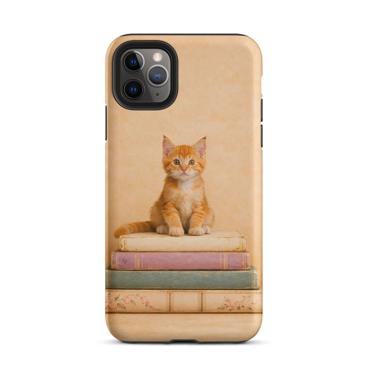 Phone Case featuring a cozy kitten perched on vintage books design for iPhone.