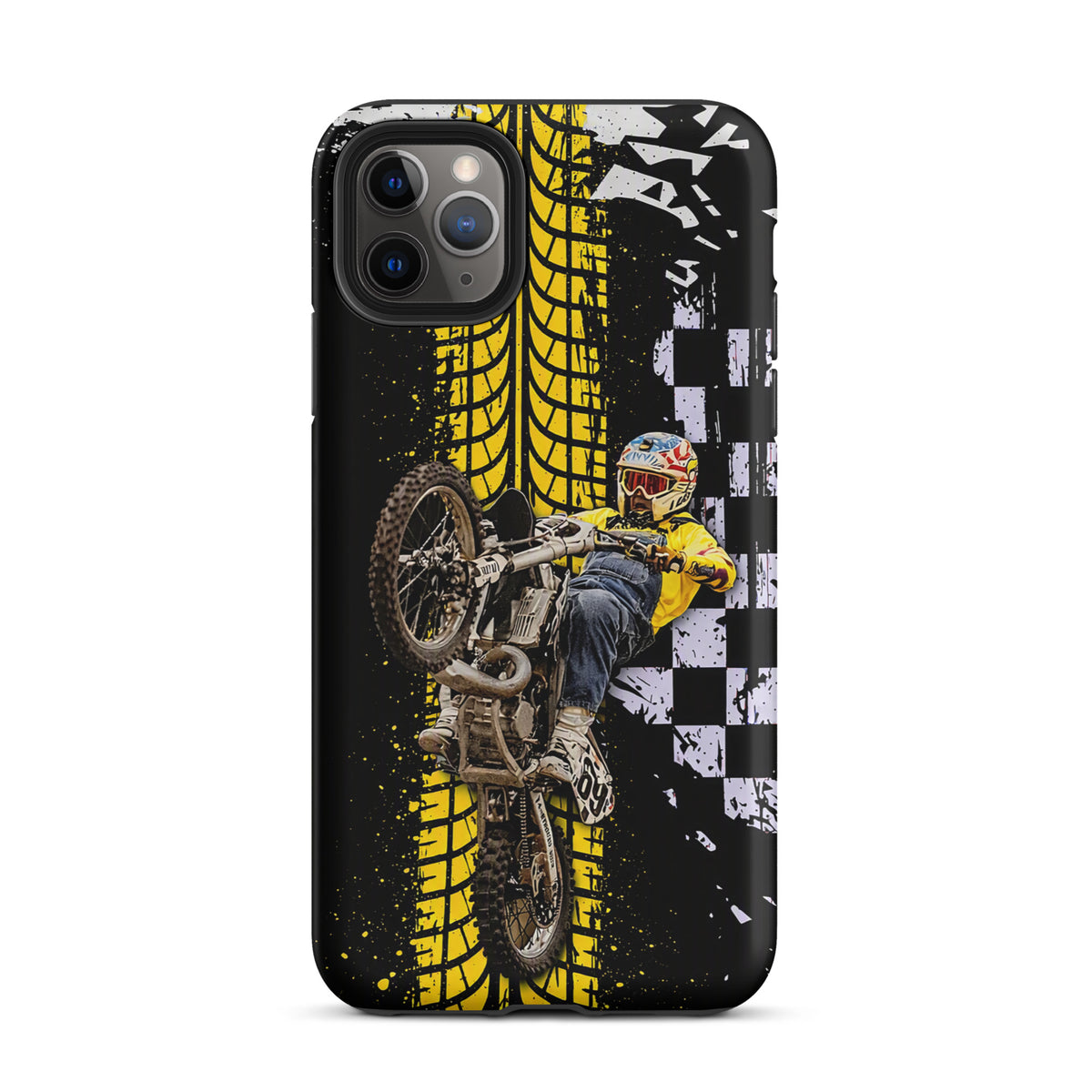 Phone Case for iPhone with Ronnie Mac air-wheelie design, featuring a motocross rider and checkered pattern in black, white, yellow.