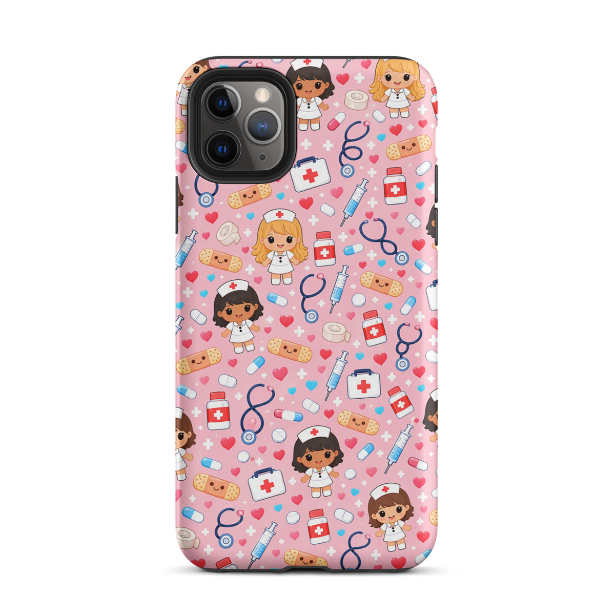 Phone Case with kawaii nurse medical pattern on pink background for iPhone