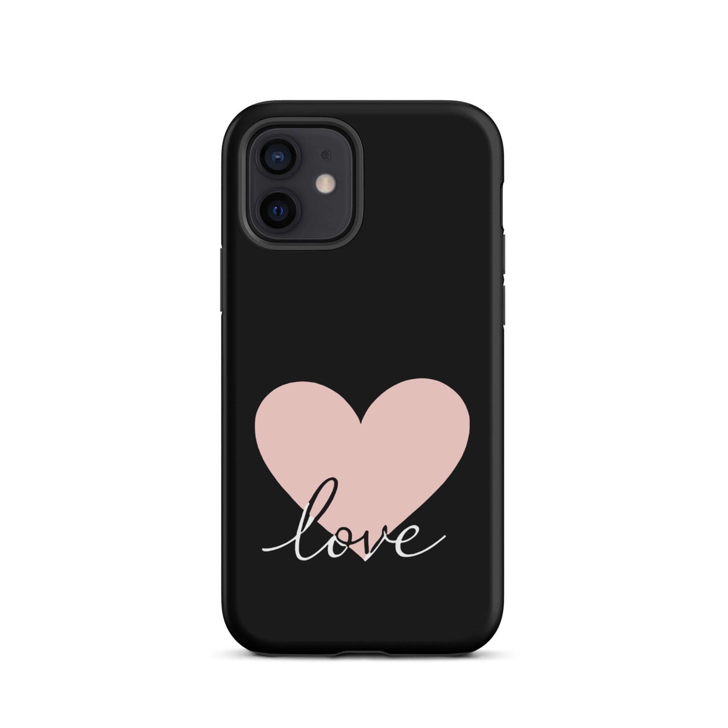 Phone Case for iPhone featuring a pink heart and cursive script "love" on a black background.