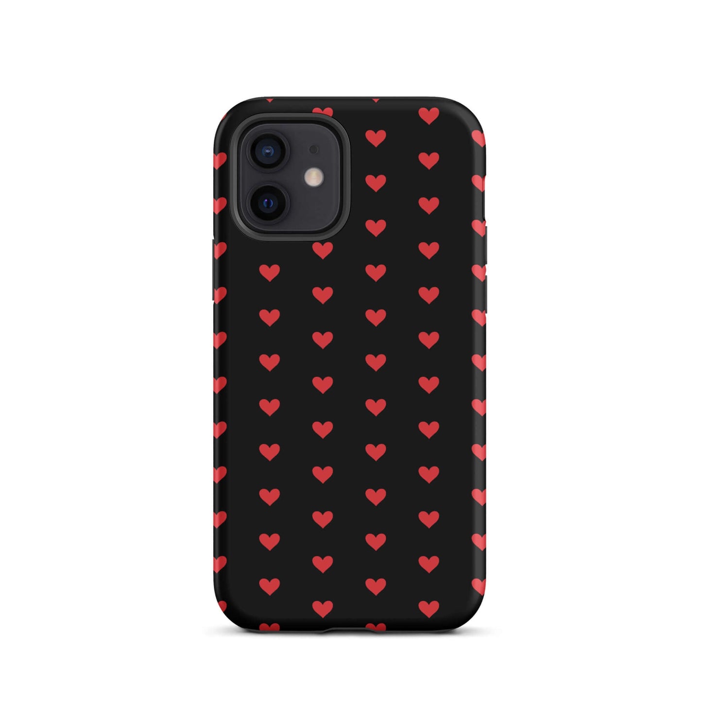 Phone Case for iPhone featuring fiery red hearts on a black background, stylish and durable.