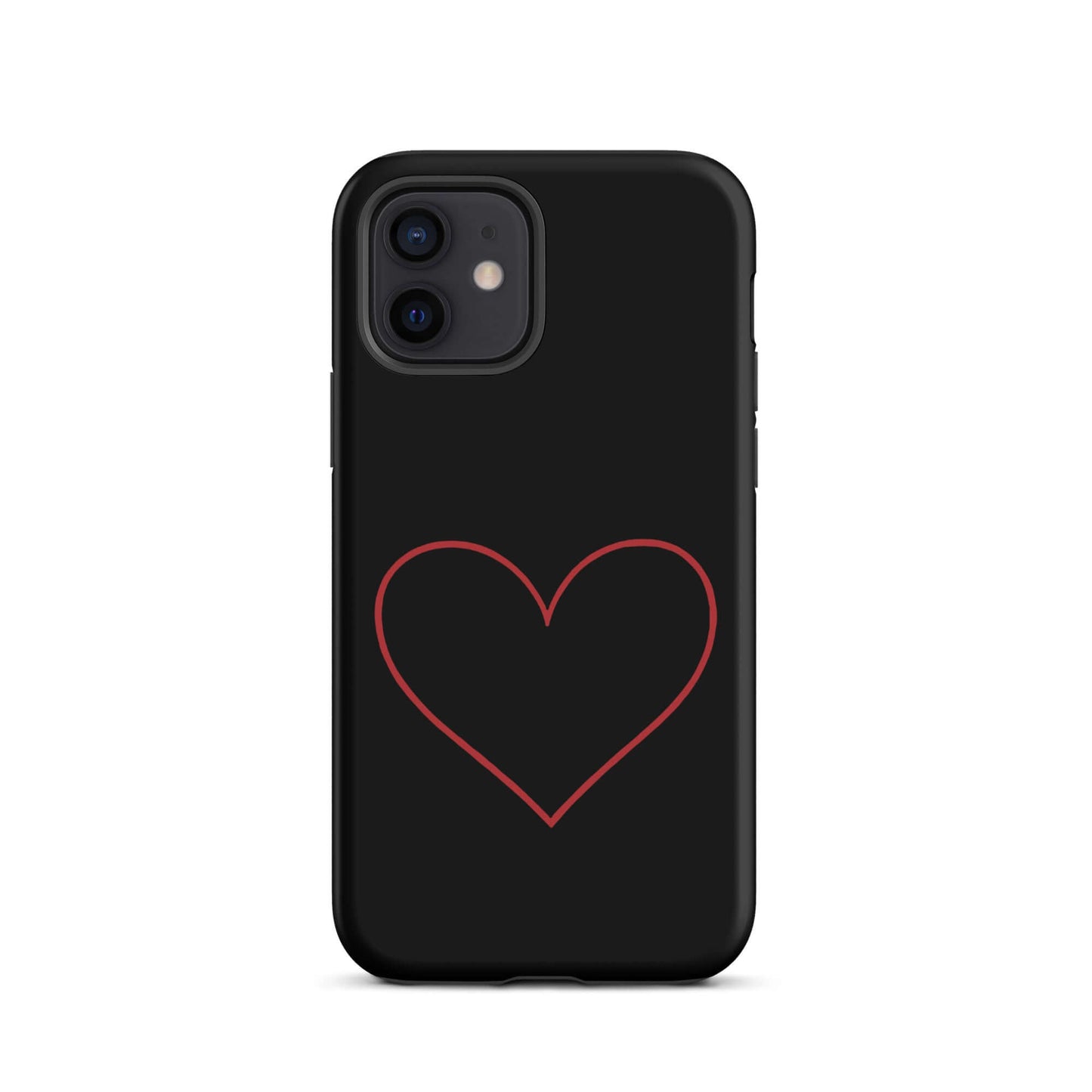 Phone Case for iPhone featuring minimalistic crimson heart design on sleek black background.