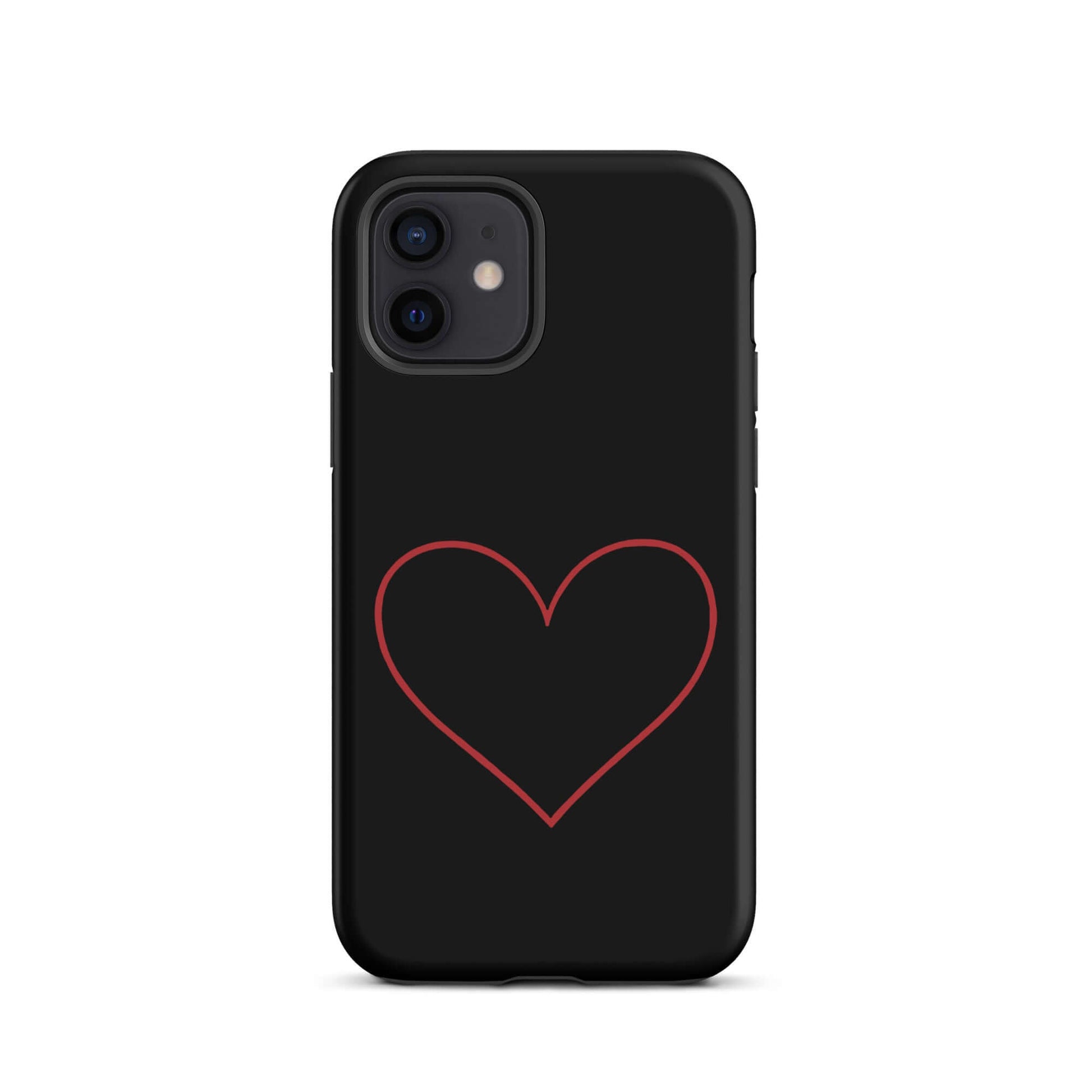 Phone Case for iPhone featuring minimalistic crimson heart design on sleek black background.