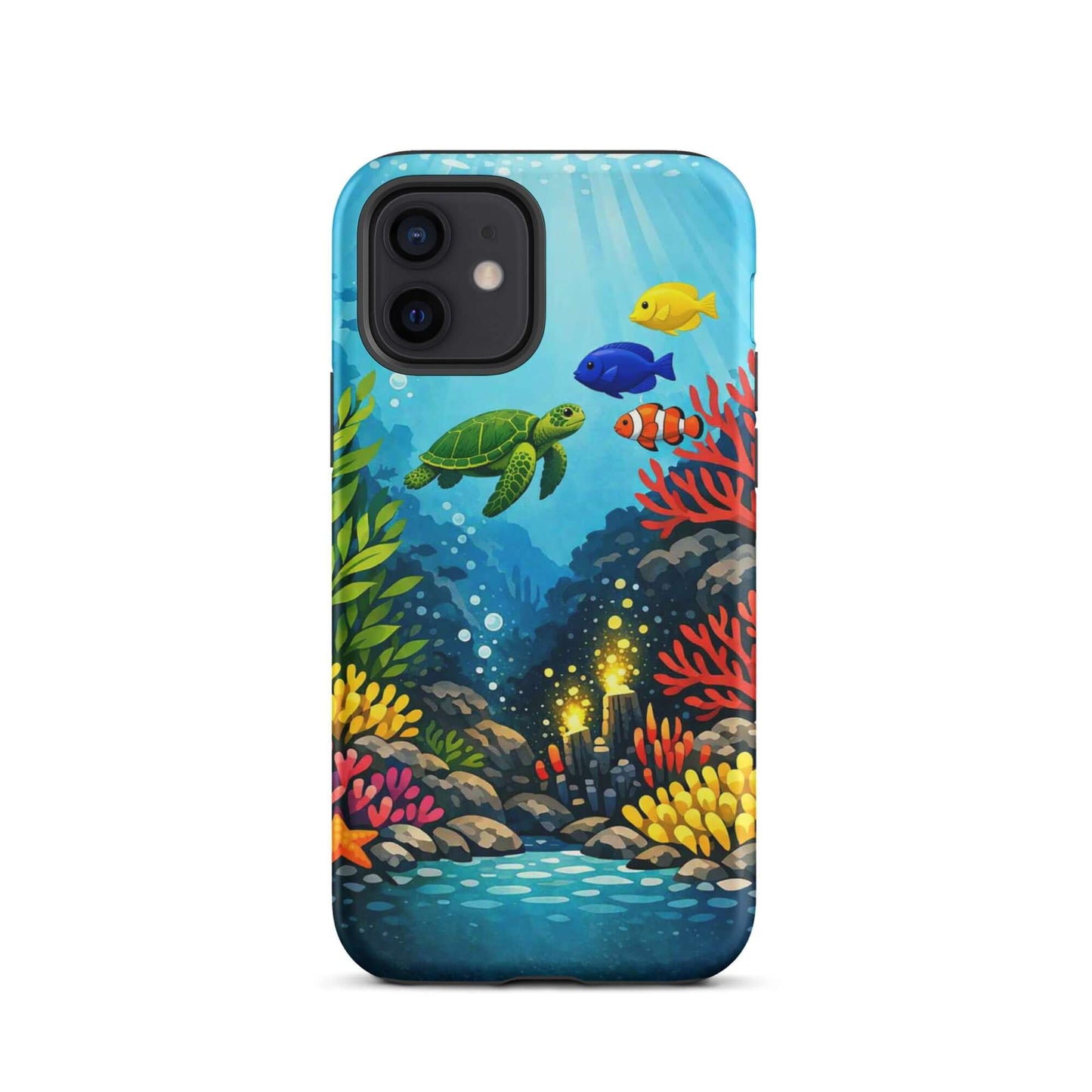 Phone case for iPhone featuring vibrant sea turtle and coral reef design with tropical fish.