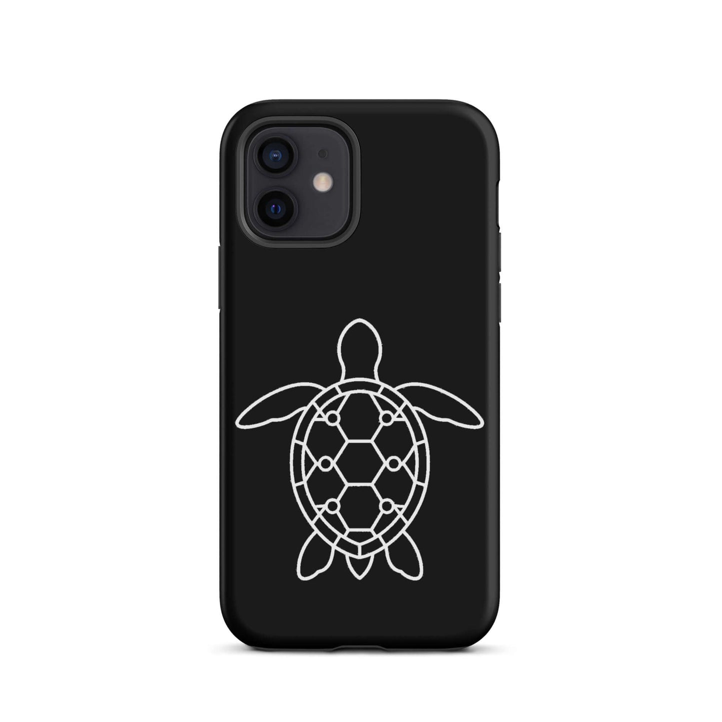 Phone case featuring a minimalist sea turtle silhouette with geometric patterns in white on a black background.
