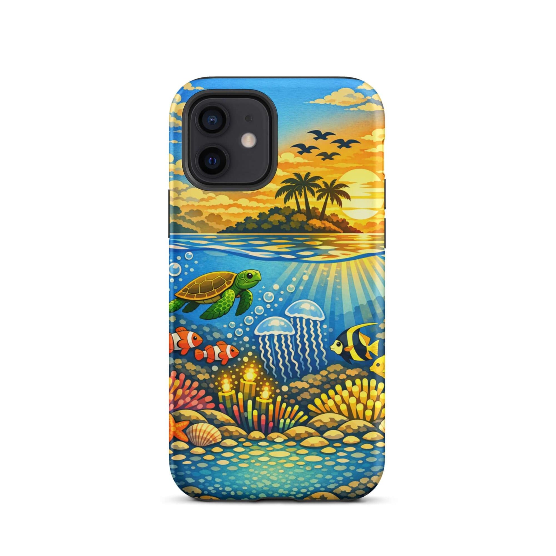 Phone Case for iPhone featuring a tropical sunset and underwater reef with sea turtles and colorful fish.