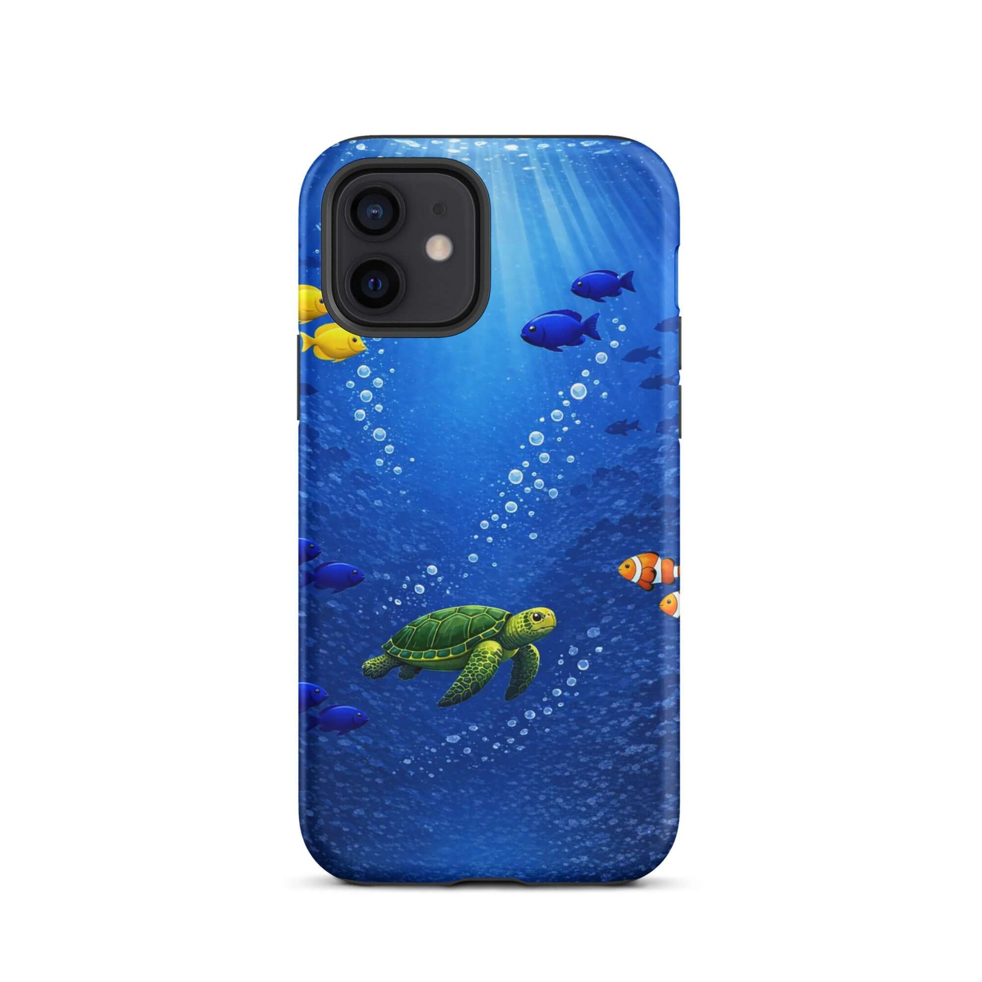 Phone Case featuring a sea turtle design and vibrant tropical fish swimming in the deep blue ocean.