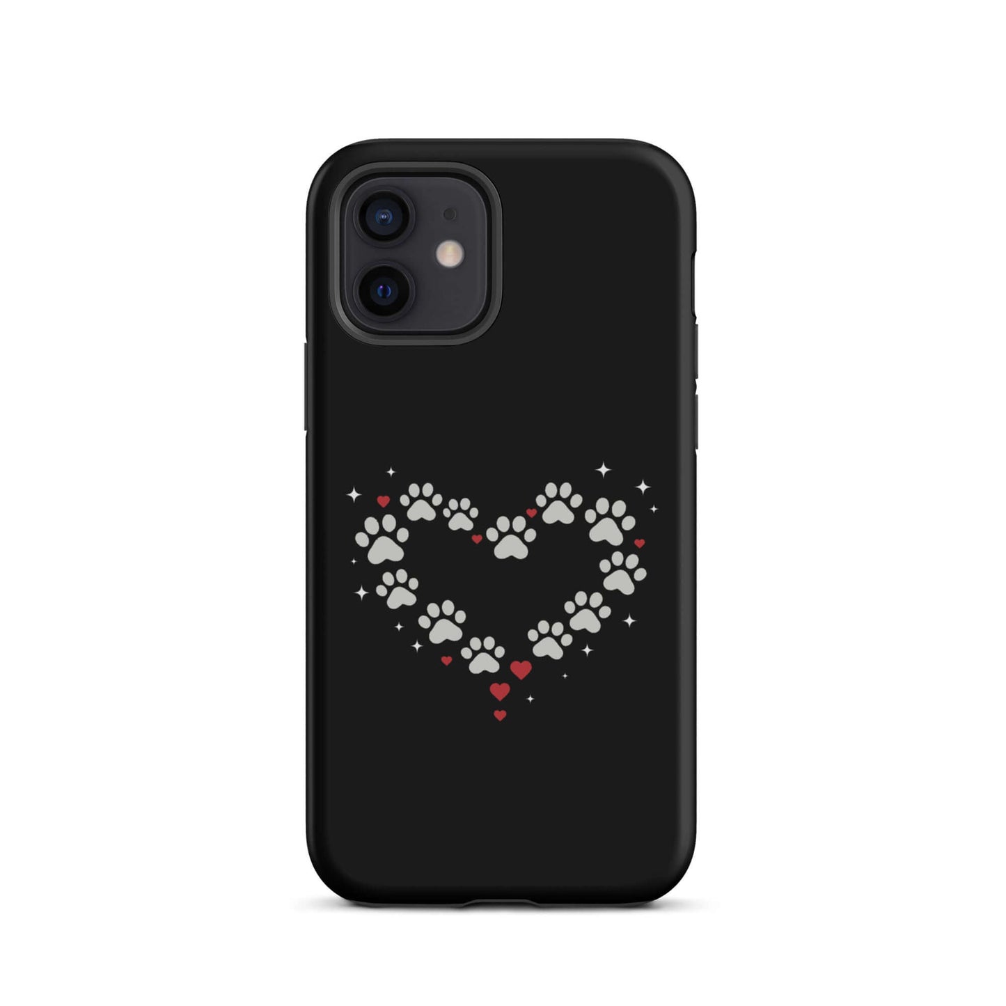 Phone Case featuring a stylish paw-print heart design for pet lovers on a sleek black background.