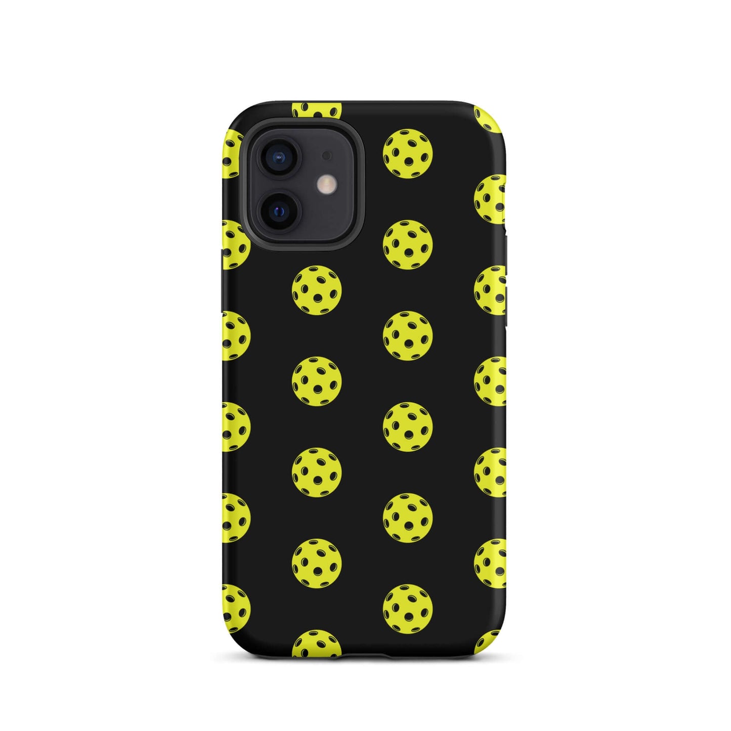 Phone Case for iPhone featuring a playful pickleball pattern on a black background.