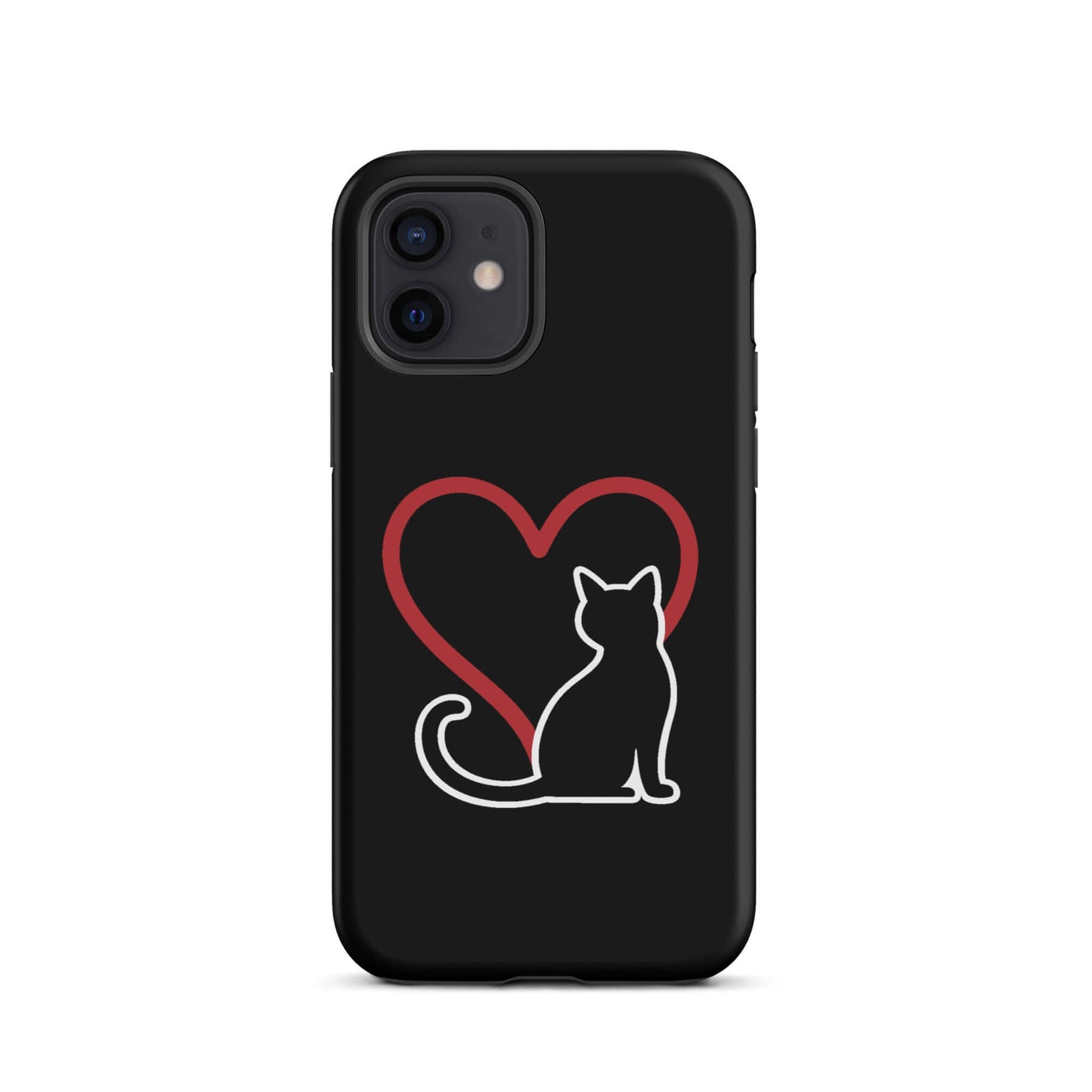 Phone Case for iPhone featuring a minimalist cat design and heart on a black background.