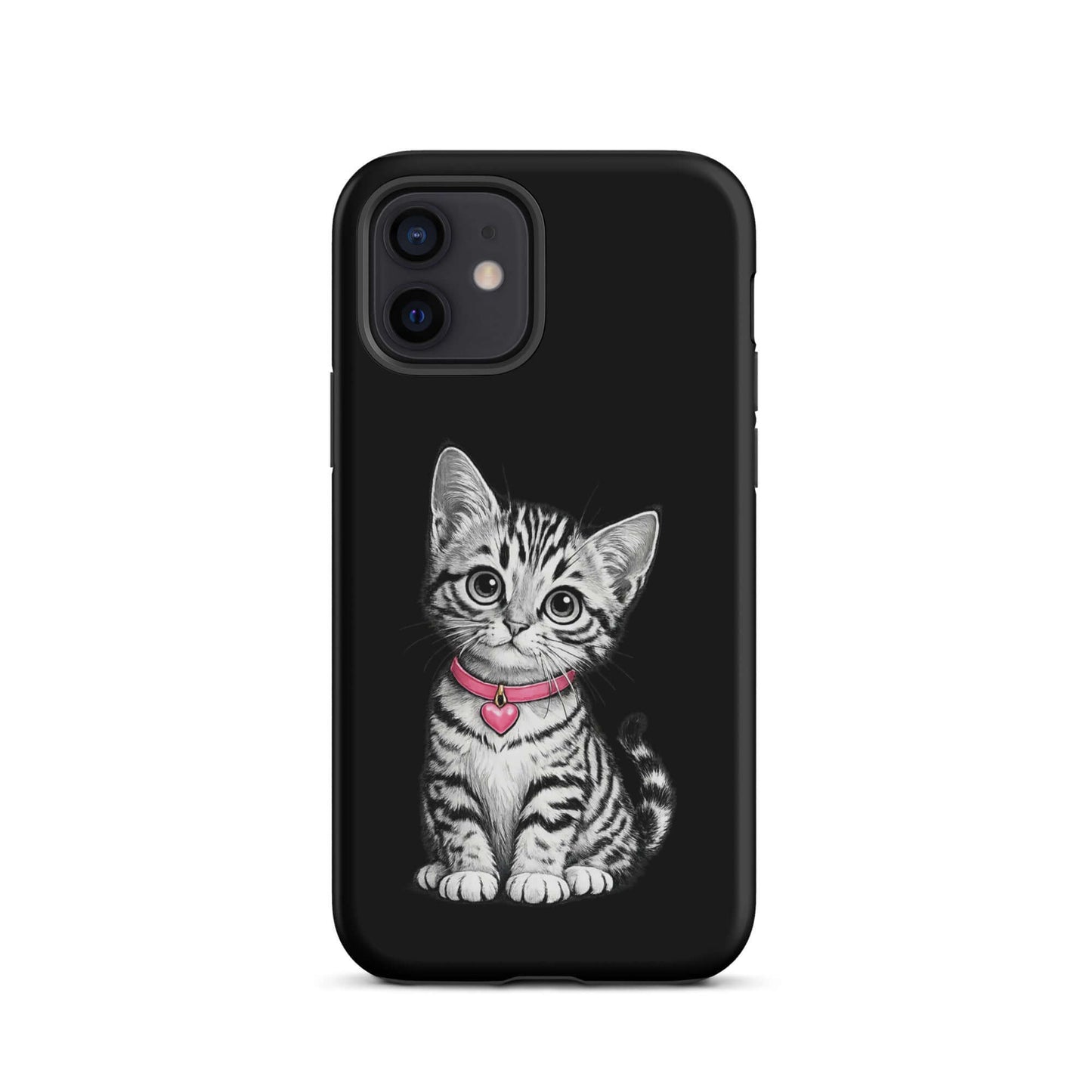 Phone Case for iPhone with pencil sketch kitten and pink heart charm, offers artistic design and premium protection.