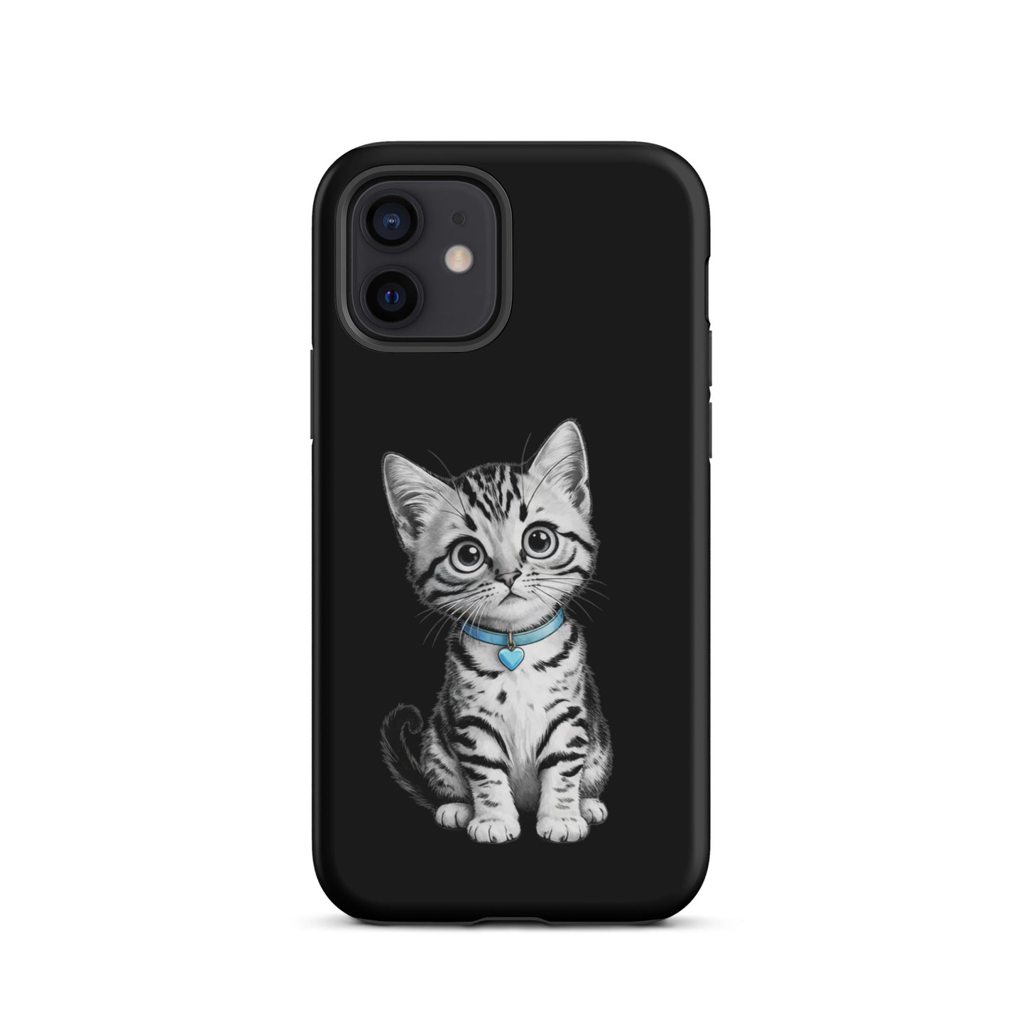 Phone Case for iPhone with kitten sketch and blue heart charm design
