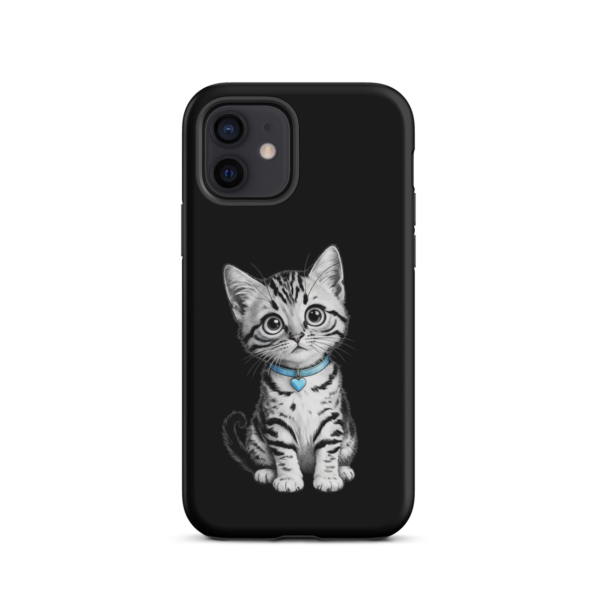 Phone Case for iPhone with kitten sketch and blue heart charm design