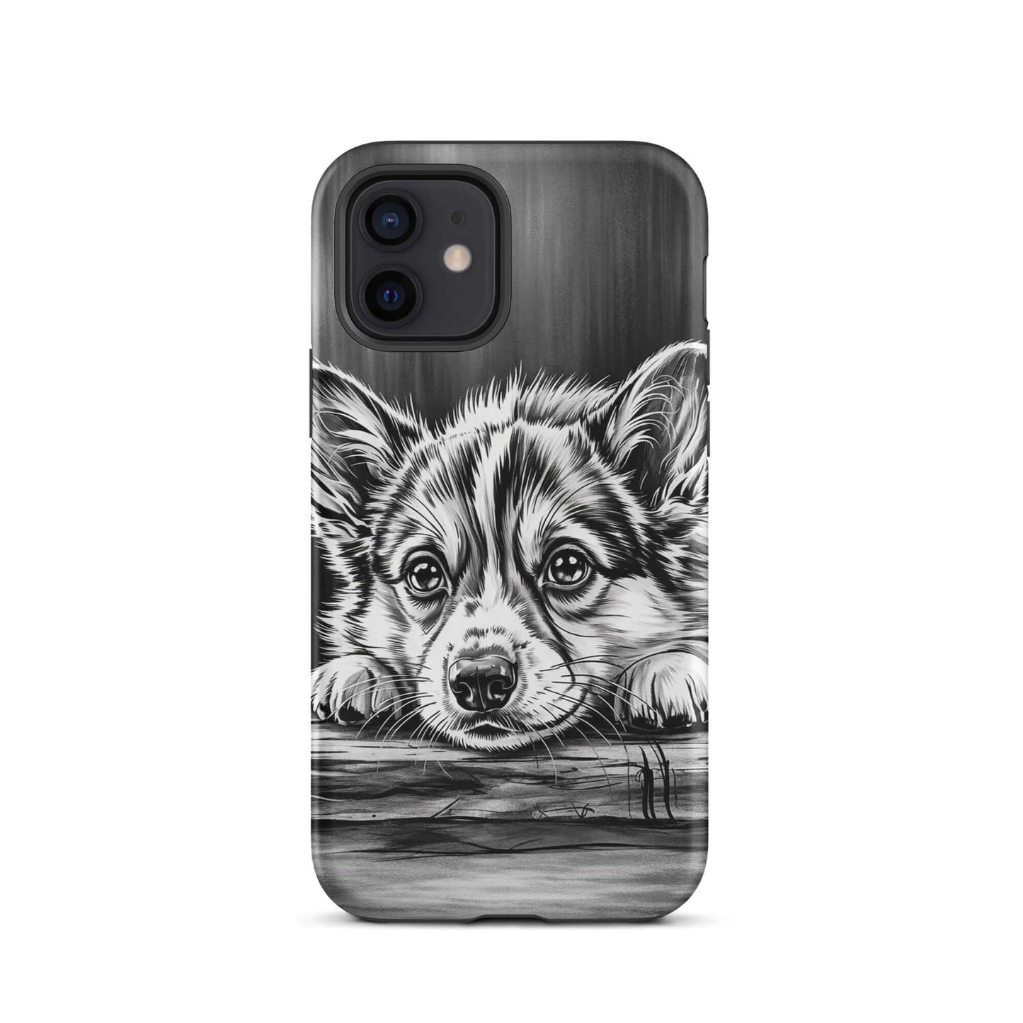 Phone Case for iPhone with elegant black-and-white puppy illustration on aged wood background, offering luxury and protection.