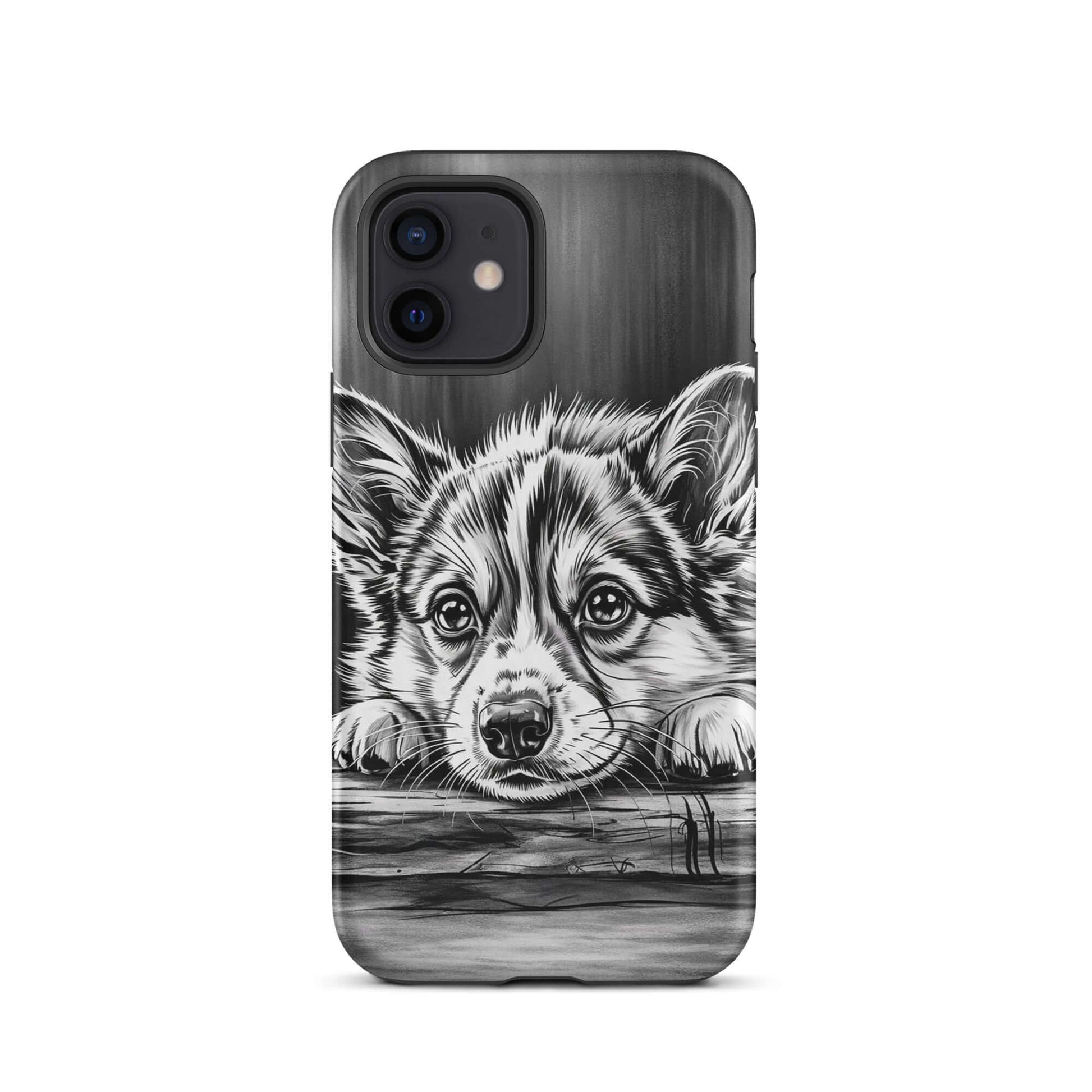 Phone Case for iPhone with elegant black-and-white puppy illustration on aged wood background, offering luxury and protection.