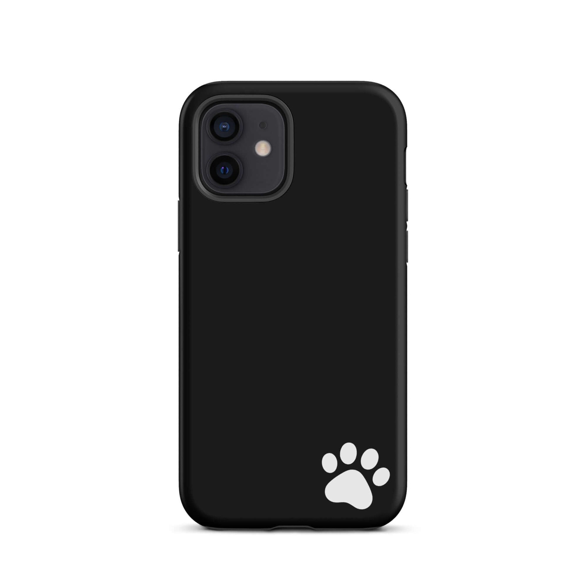 Black Phone Case with white paw print design for iPhone, minimalist Tough Case for animal lovers.
